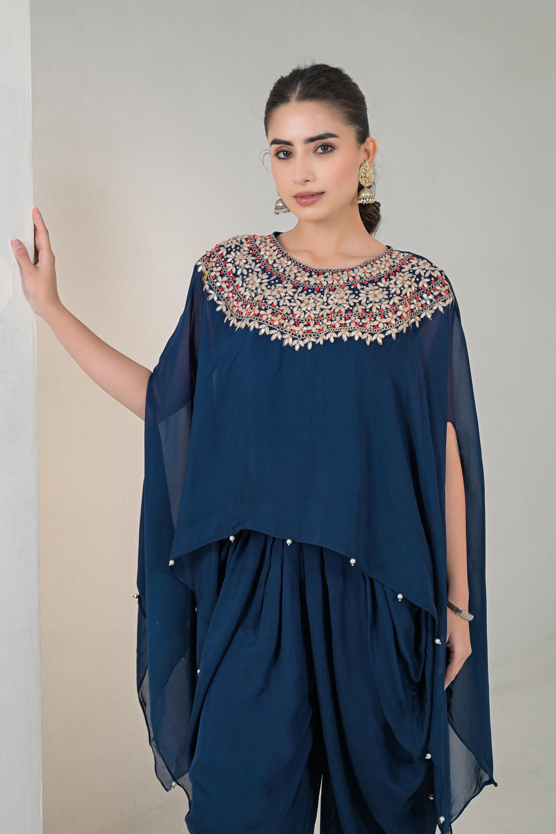 Deep Blue Embroidered Organza Silk Kaftan Set