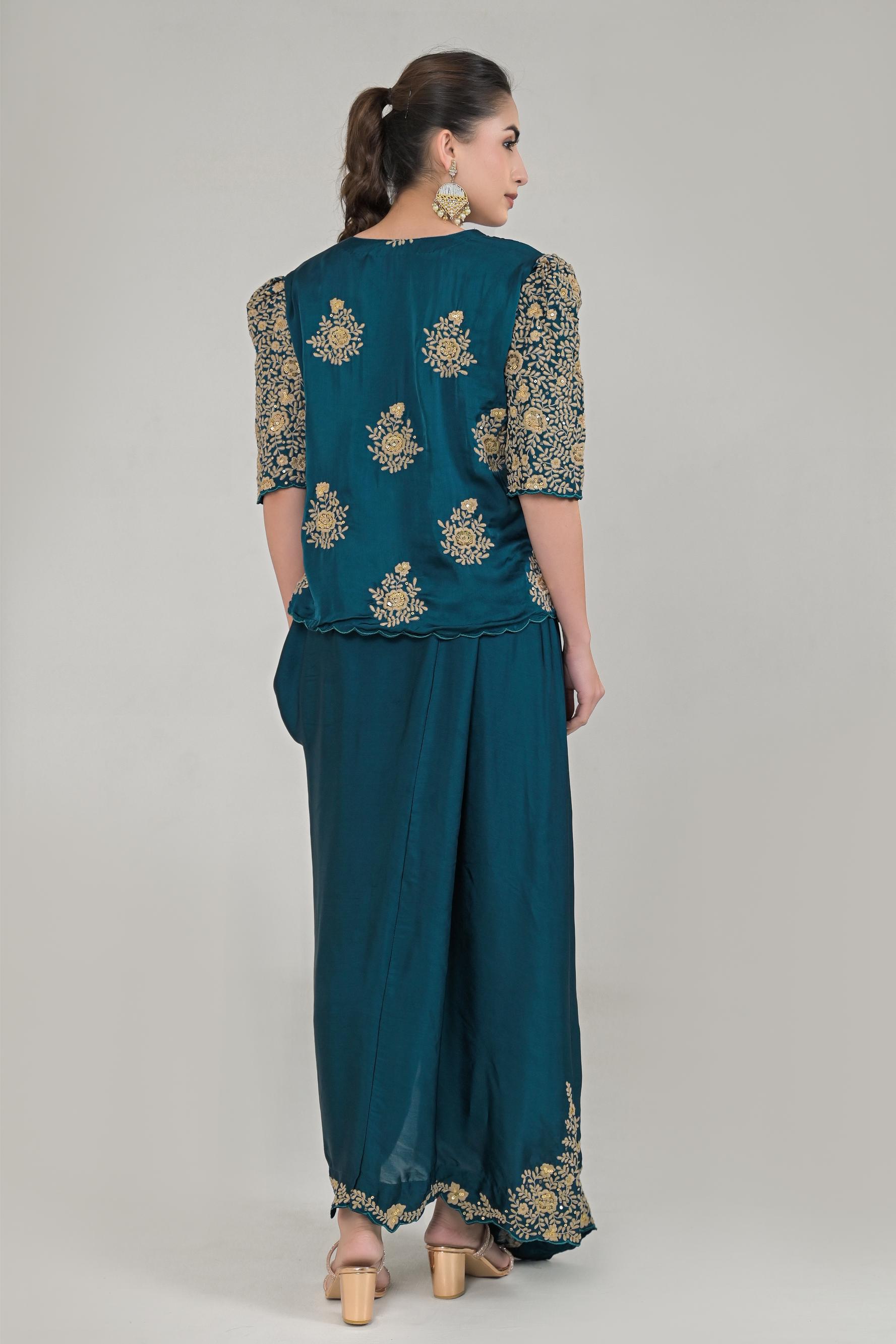 Dark Teal Embroidered Satin Silk Skirt Set