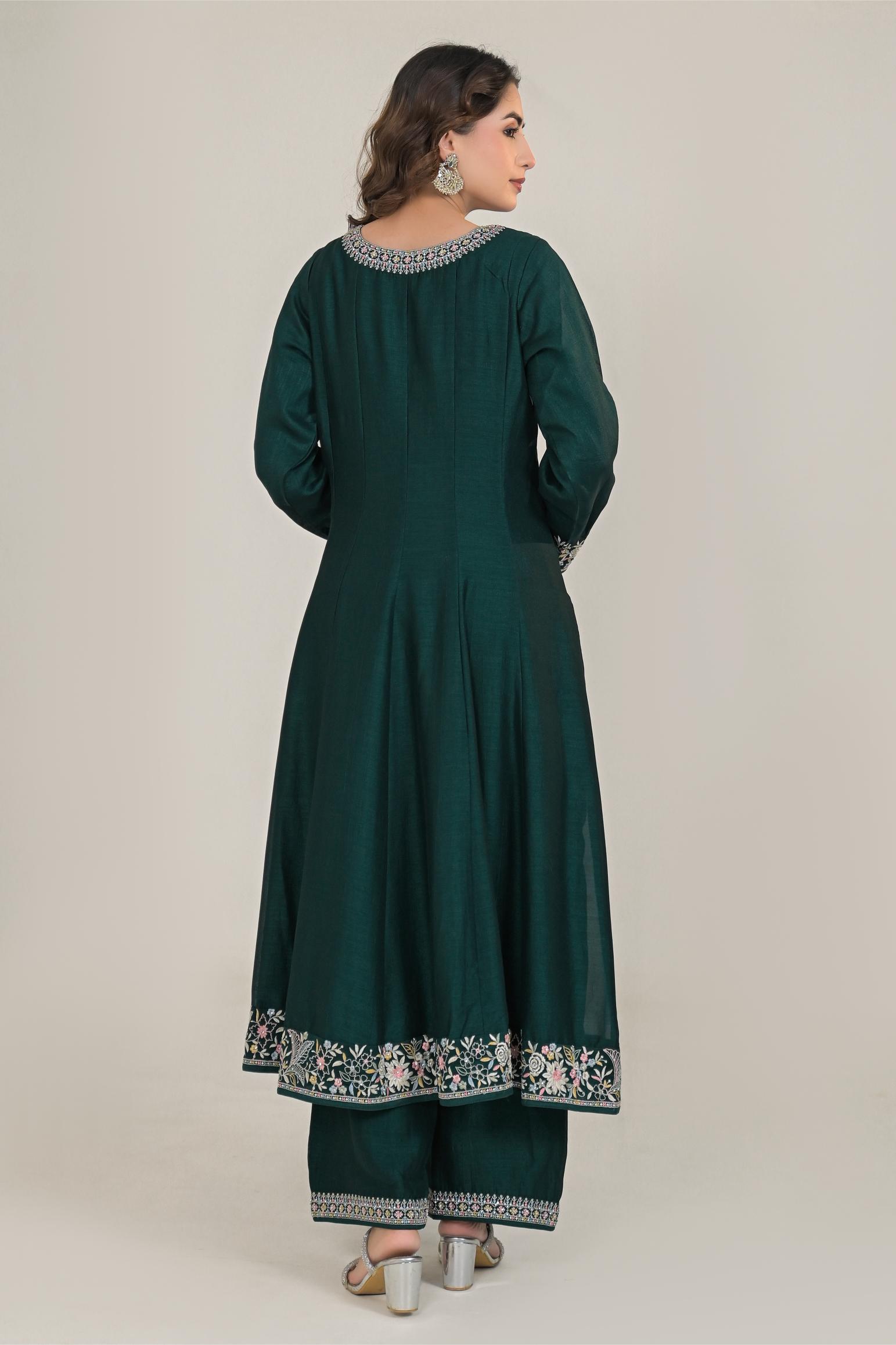 Deep Green Embroidered Premium Silk Anarkali Set