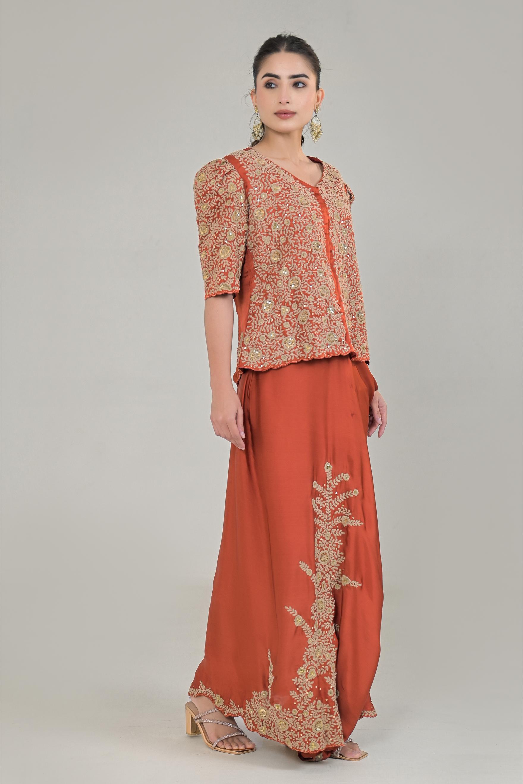 Rustic Orange Embroidered Satin Silk Skirt Set