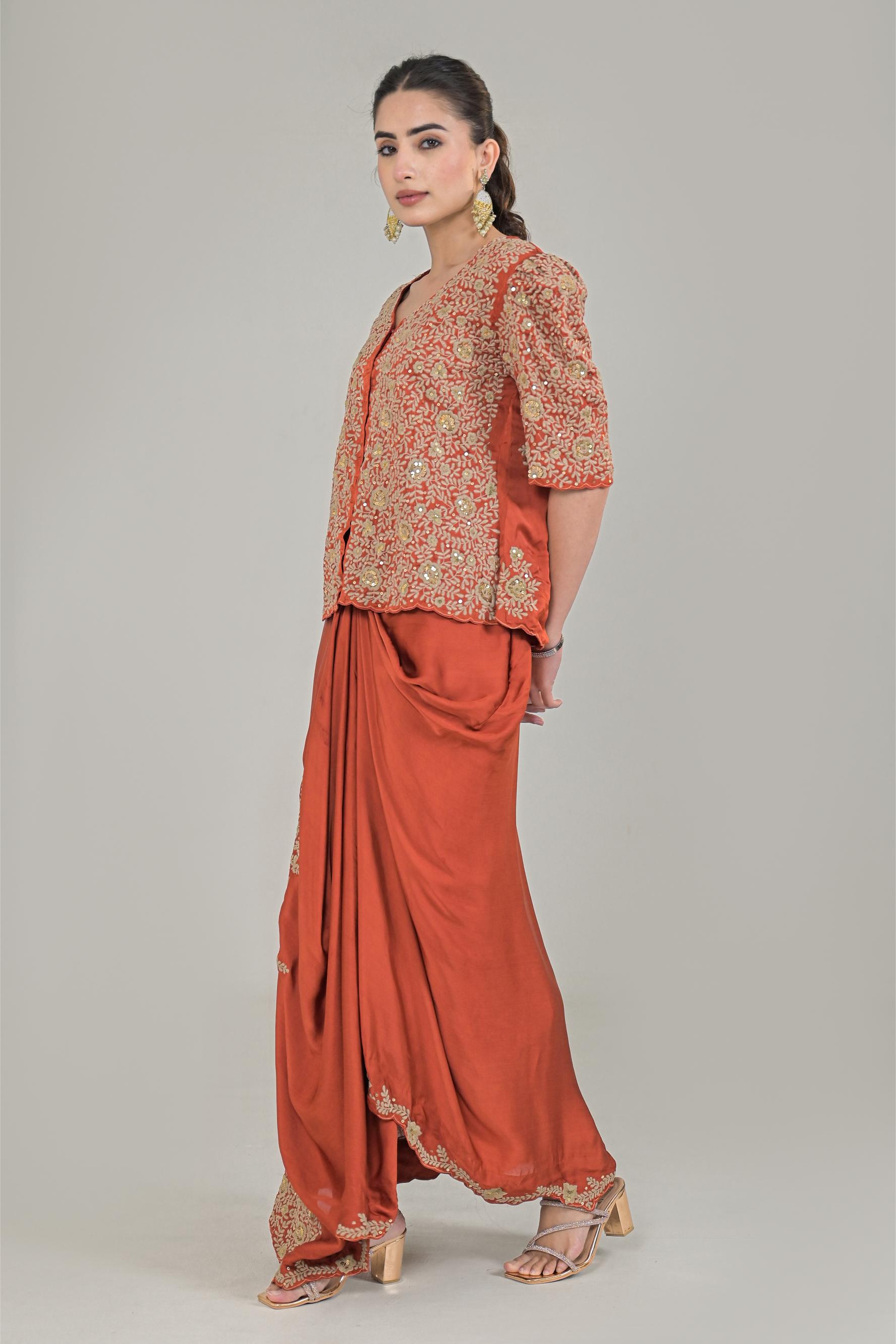 Rustic Orange Embroidered Satin Silk Skirt Set