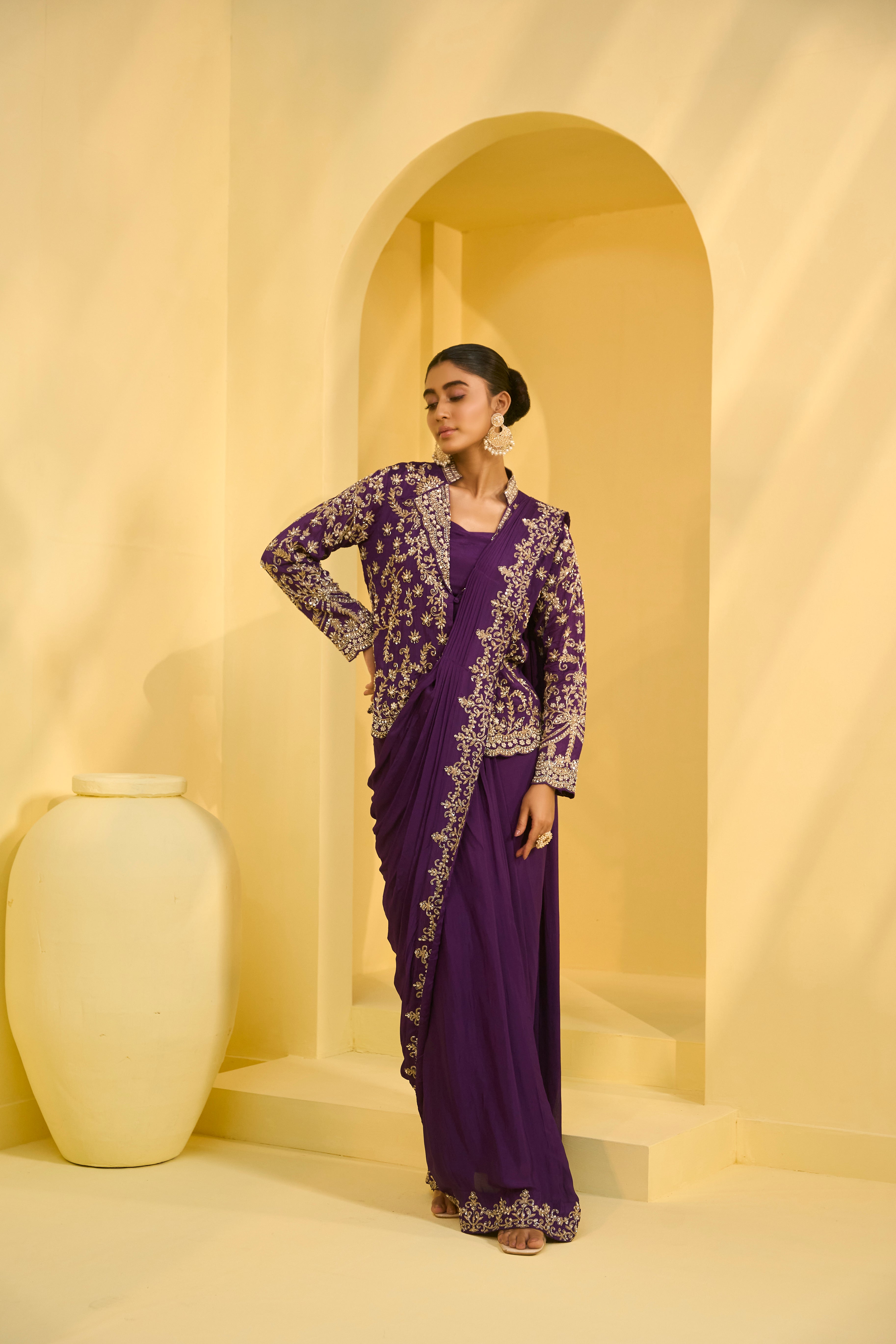 Imperial Purple Chinon Silk Draped Saree With Blazer