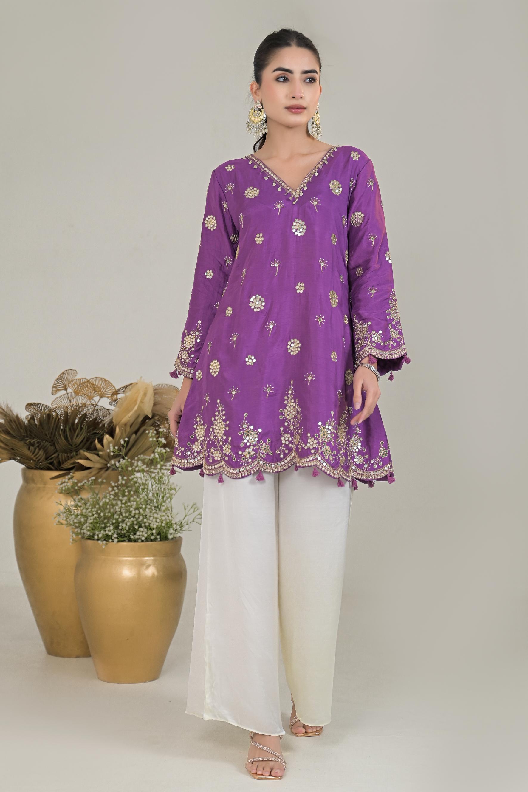 Light Purple Embellished Raw Silk Palazzo Set