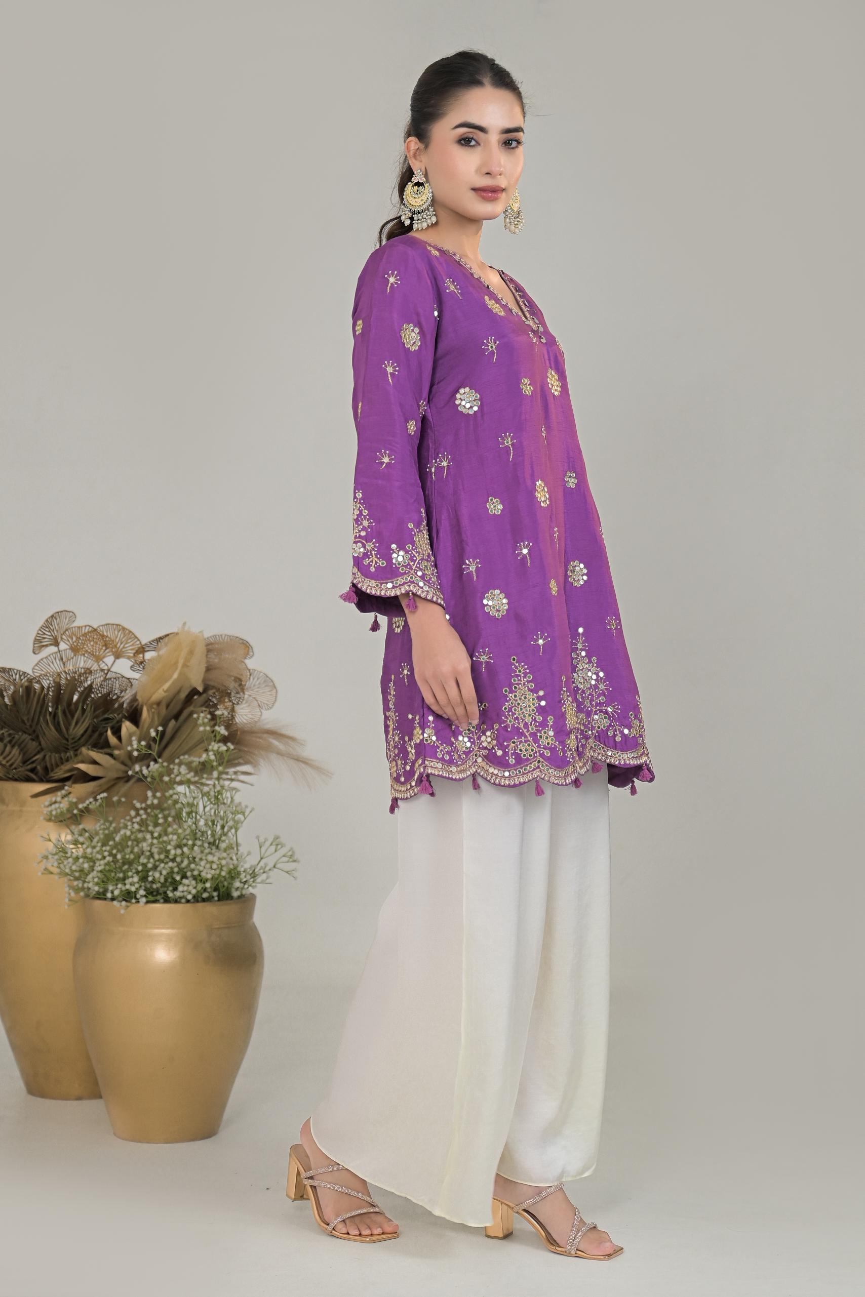 Light Purple Embellished Raw Silk Palazzo Set