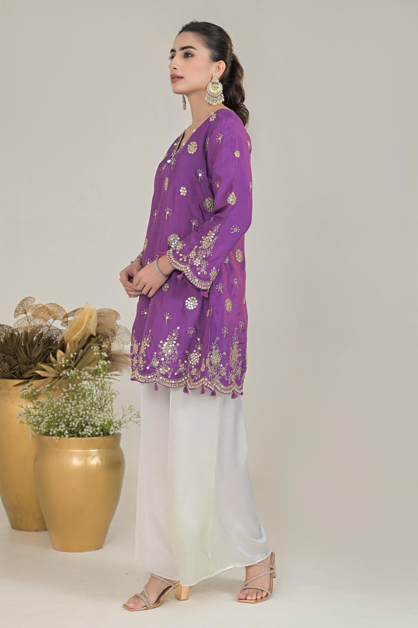 Light Purple Embellished Raw Silk Palazzo Set