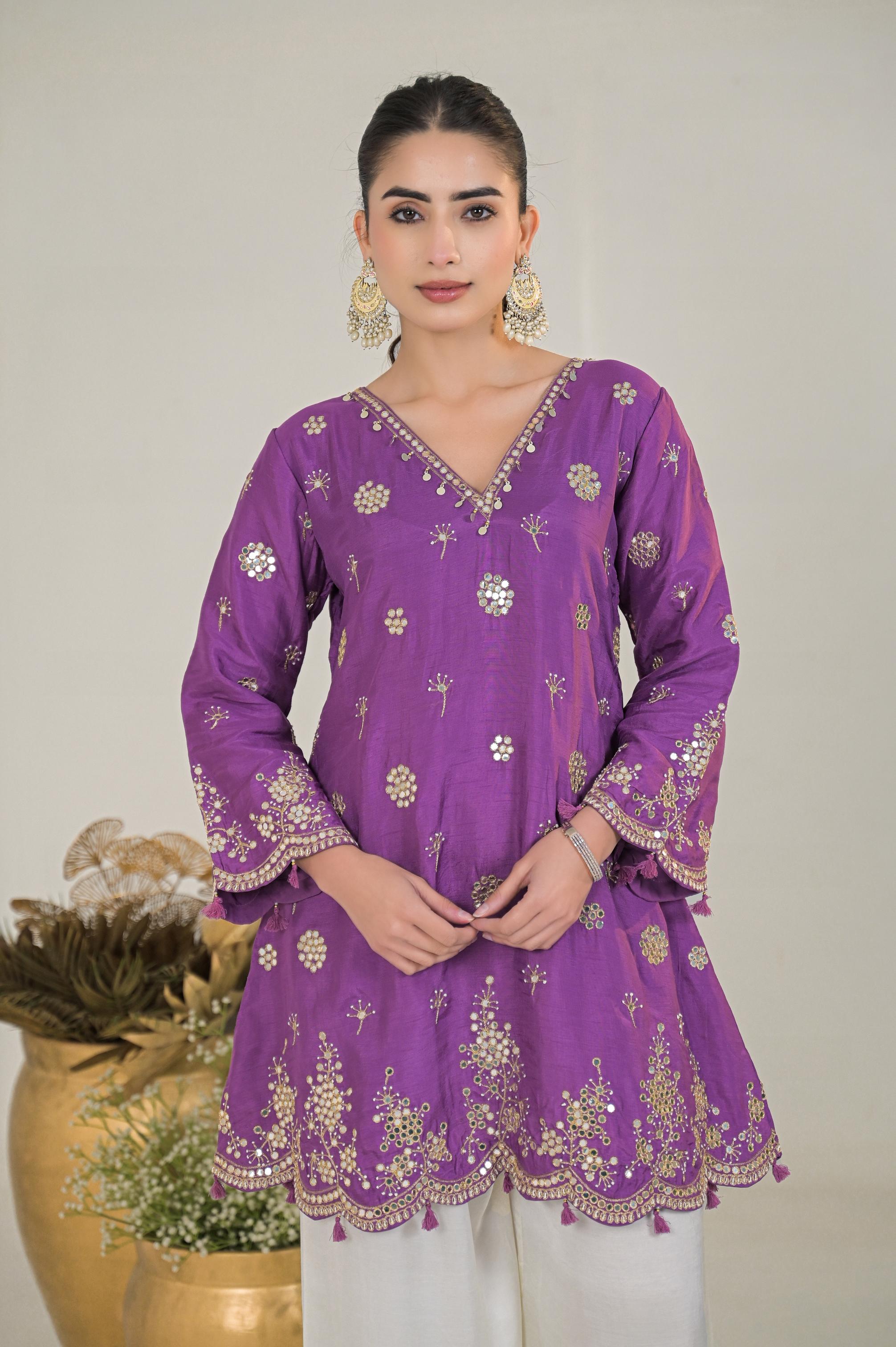 Light Purple Embellished Raw Silk Palazzo Set