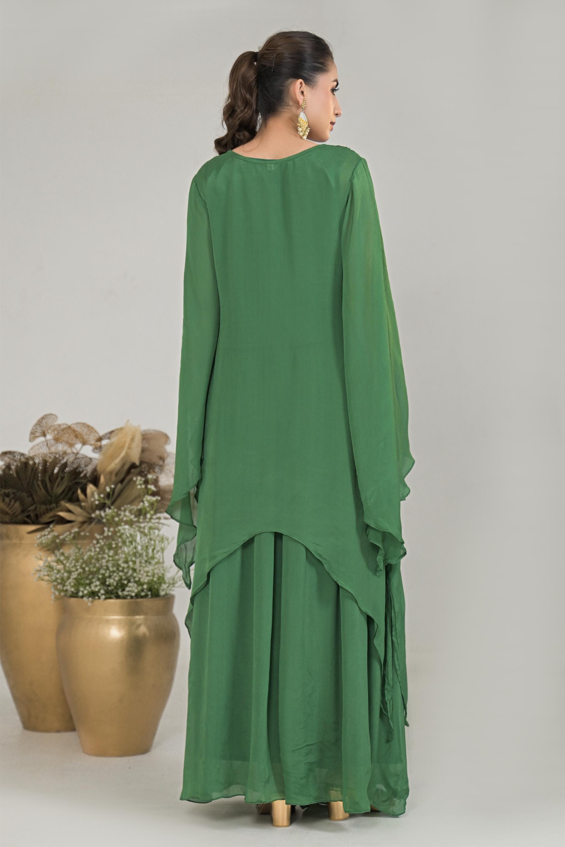 Green Embroidered Chinon Silk Palazzo Set