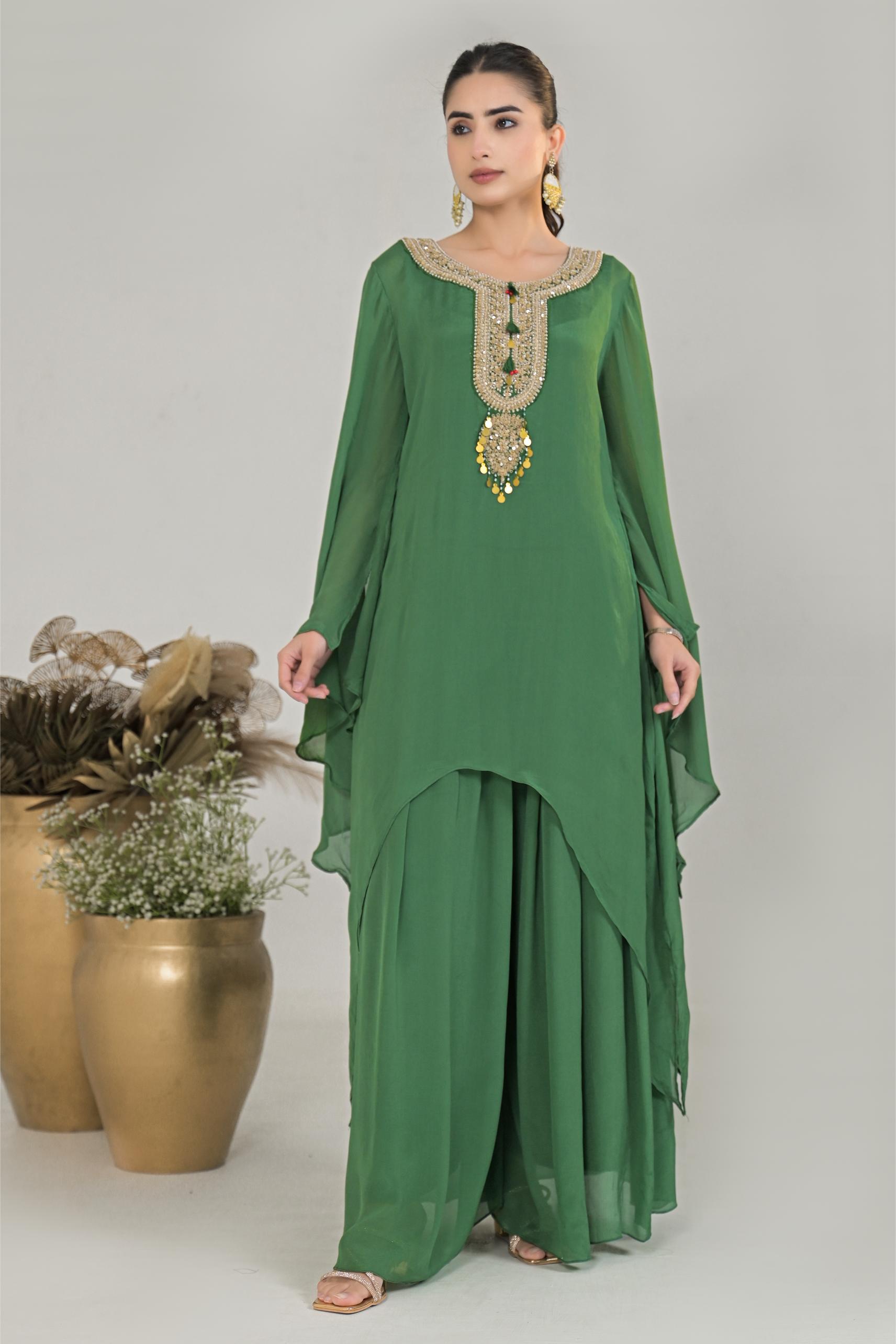 Green Embroidered Chinon Silk Palazzo Set