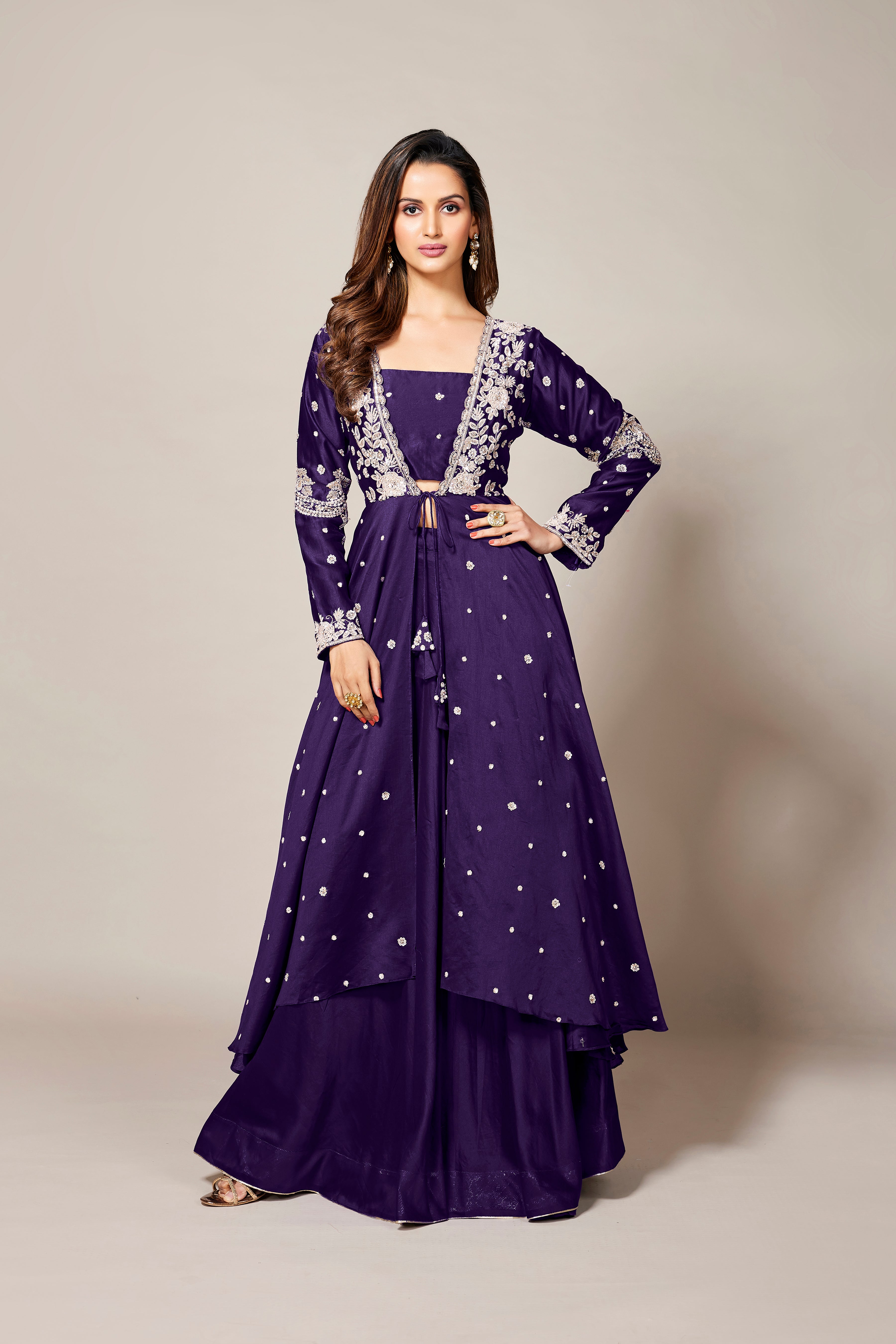 Purple Embellished Premium Silk Skirt Set