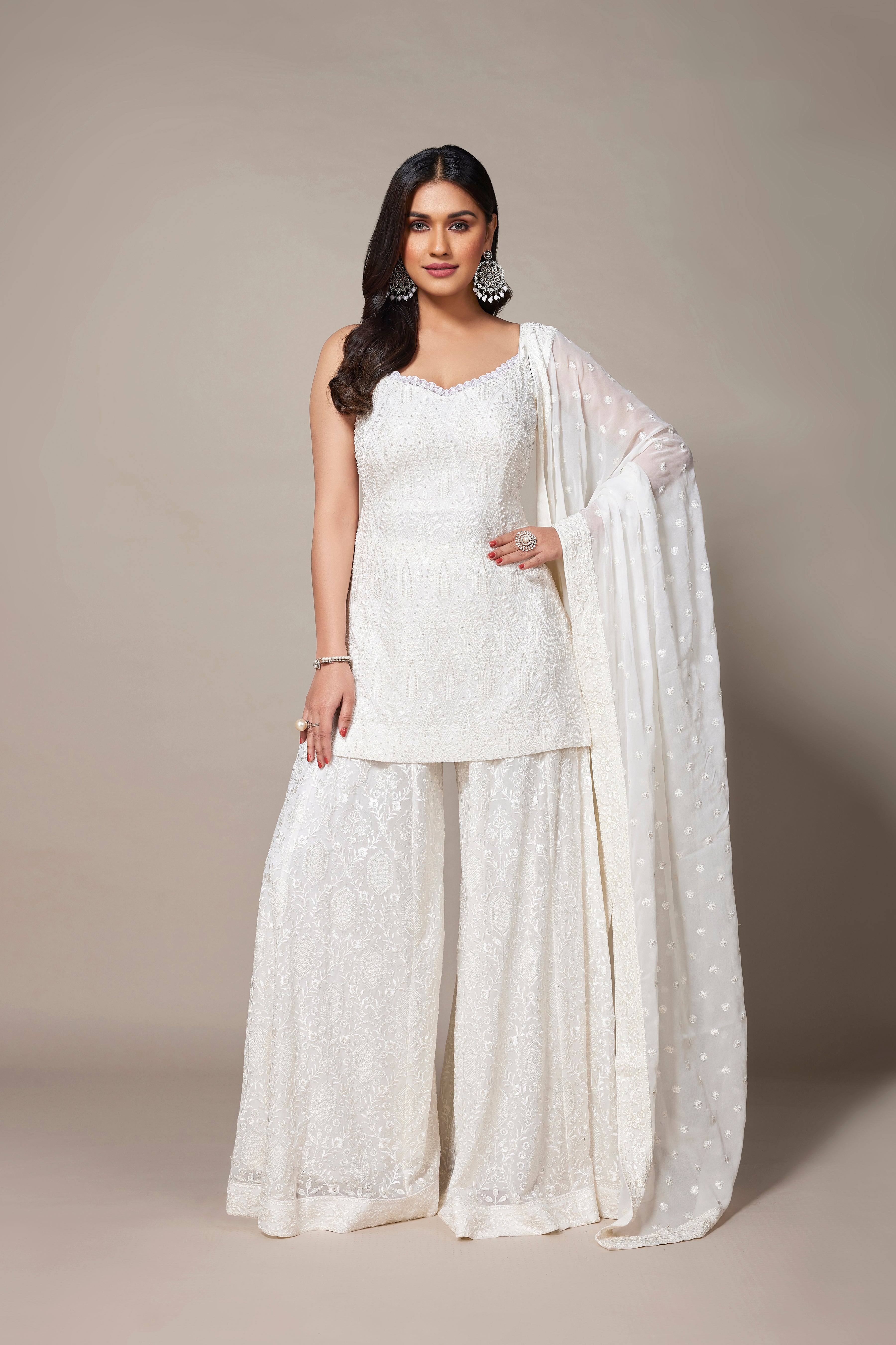 White Embroidered Swiss Georgette Silk Palazzo Set