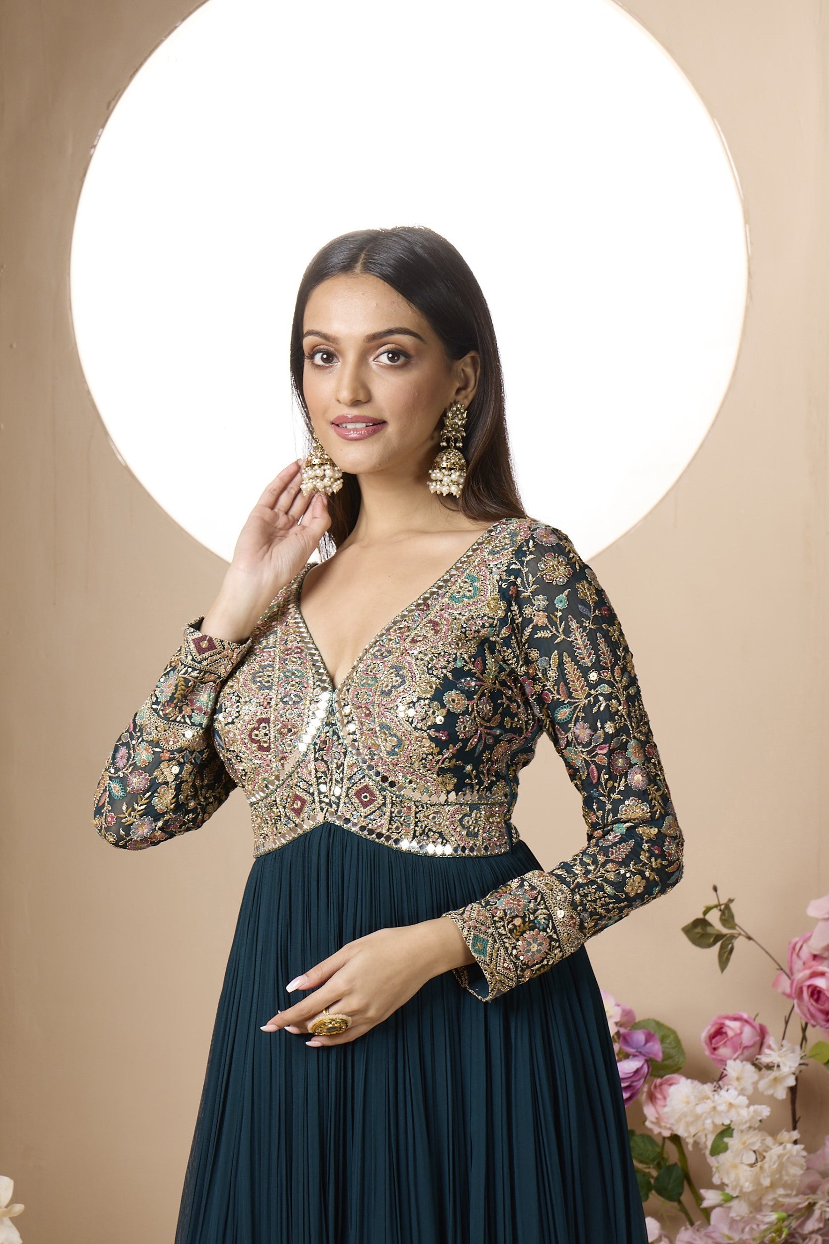 Ravishing Teal Embellished Georgette Silk Anarkali Set