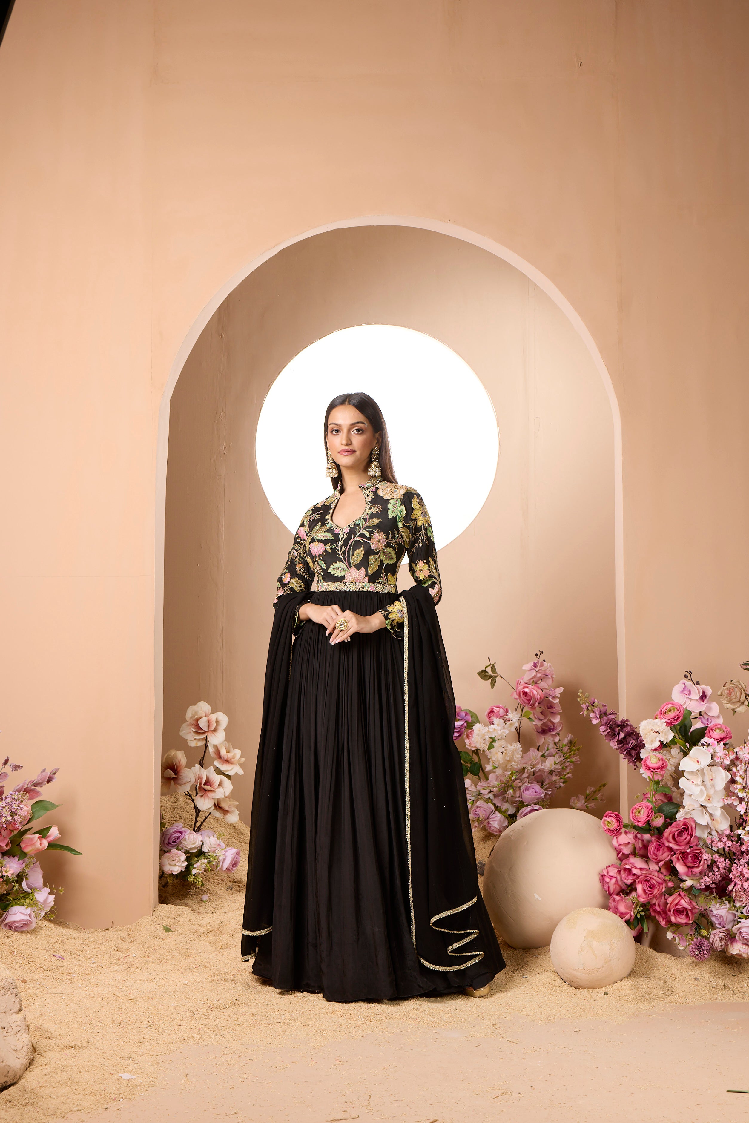 Ethereal Black Floral Embroidered Georgette Silk Anarkali Set