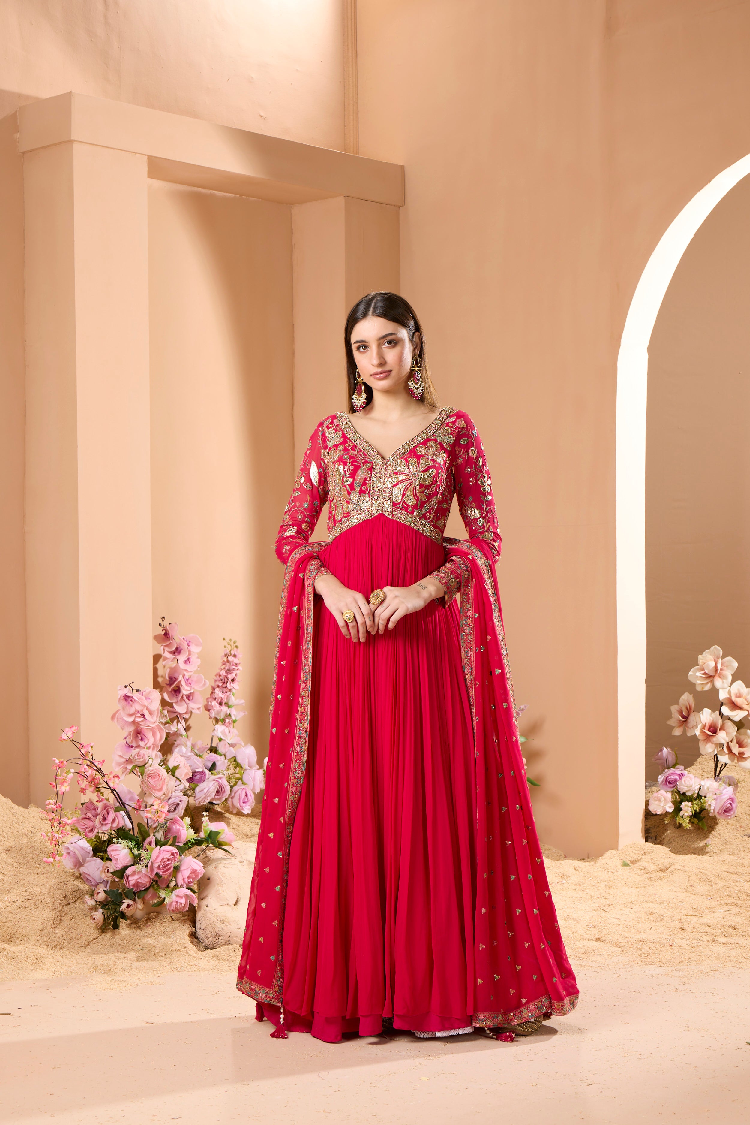 Roselet Red Embellished Georgette Silk Anarkali Set