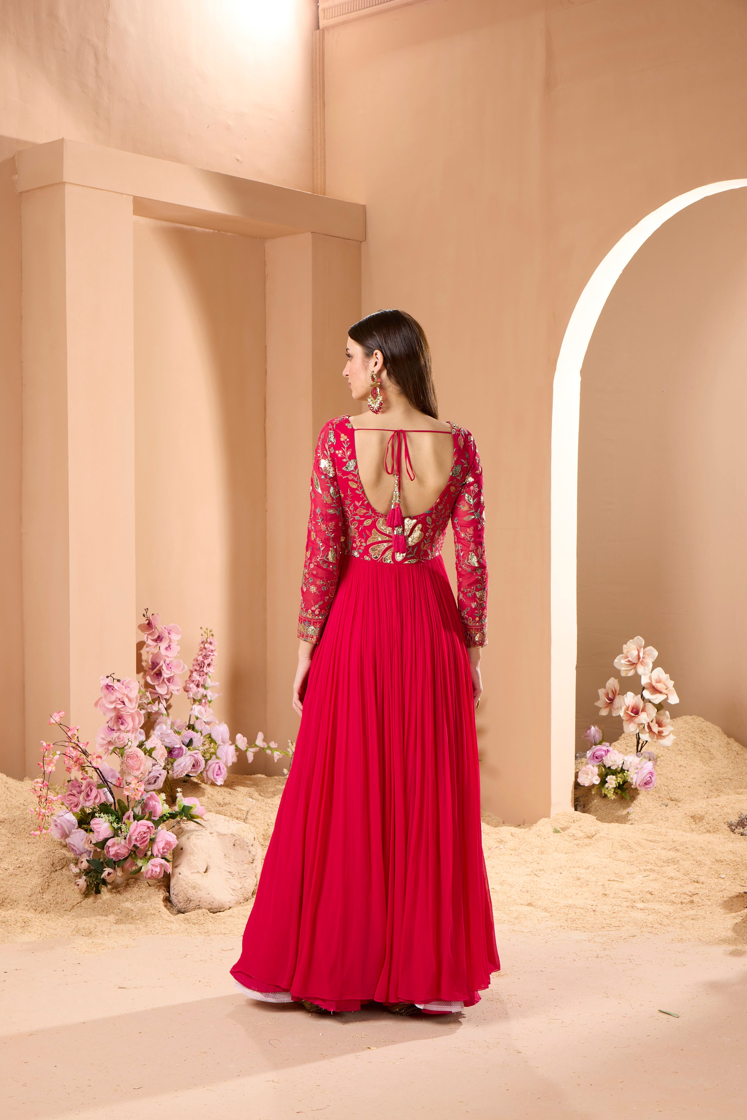 Roselet Red Embellished Georgette Silk Anarkali Set