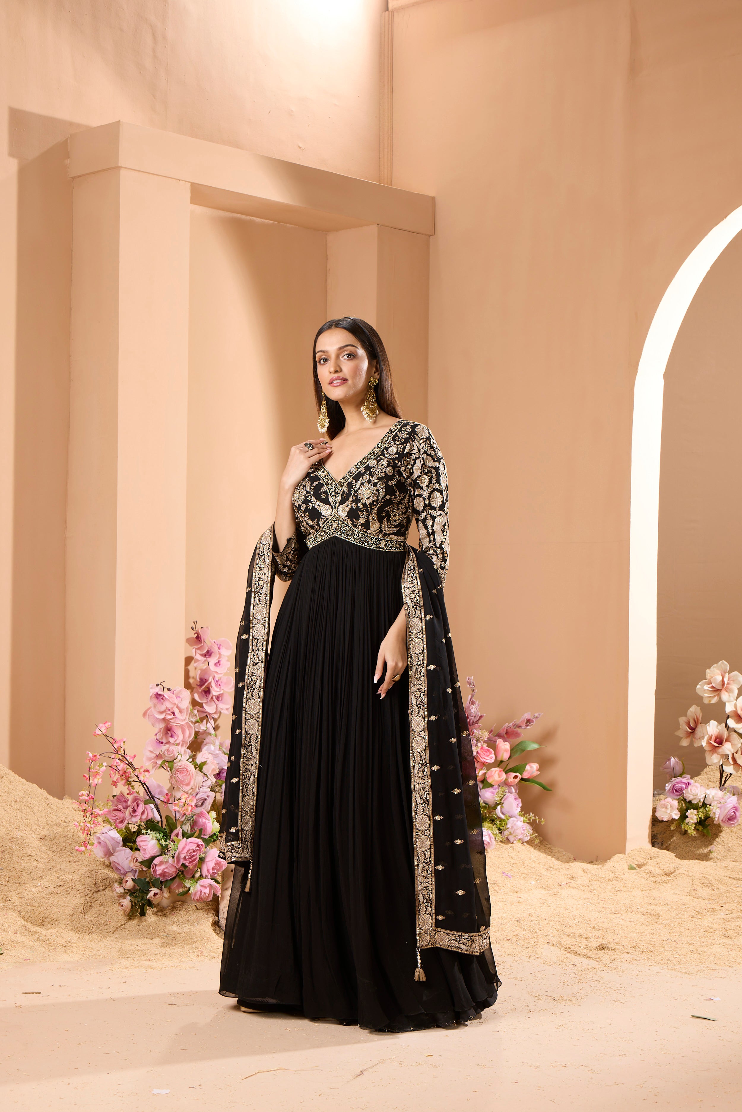 Royal Black Floral Embroidered Georgette Silk Anarkali Set