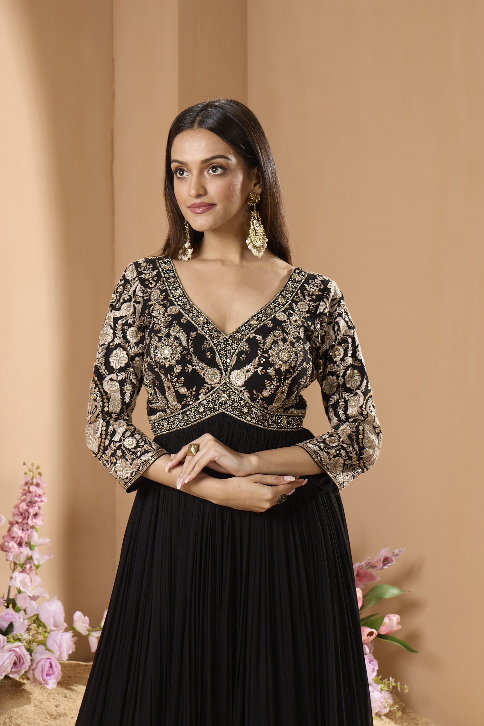 Royal Black Floral Embroidered Georgette Silk Anarkali Set