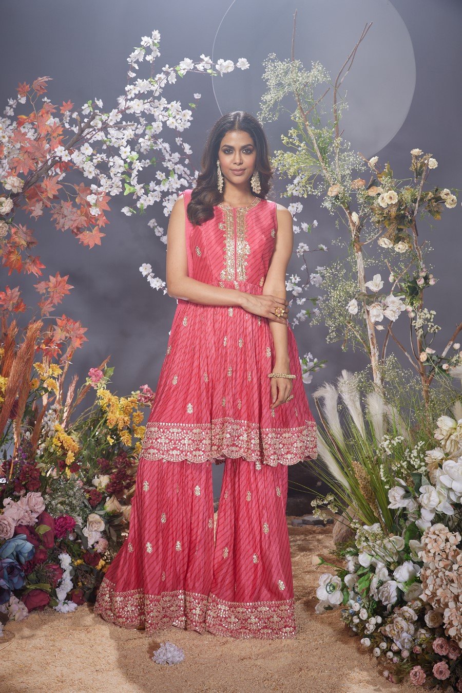 Festive Pink Leheriya & Embroidered Sharara Set