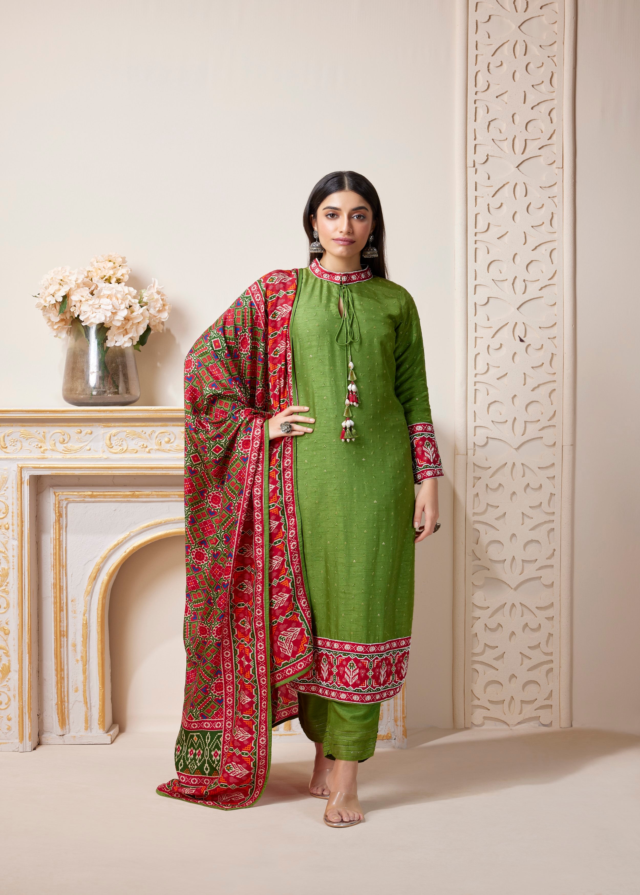 Lime Green Embellished Raw Silk Pant Set