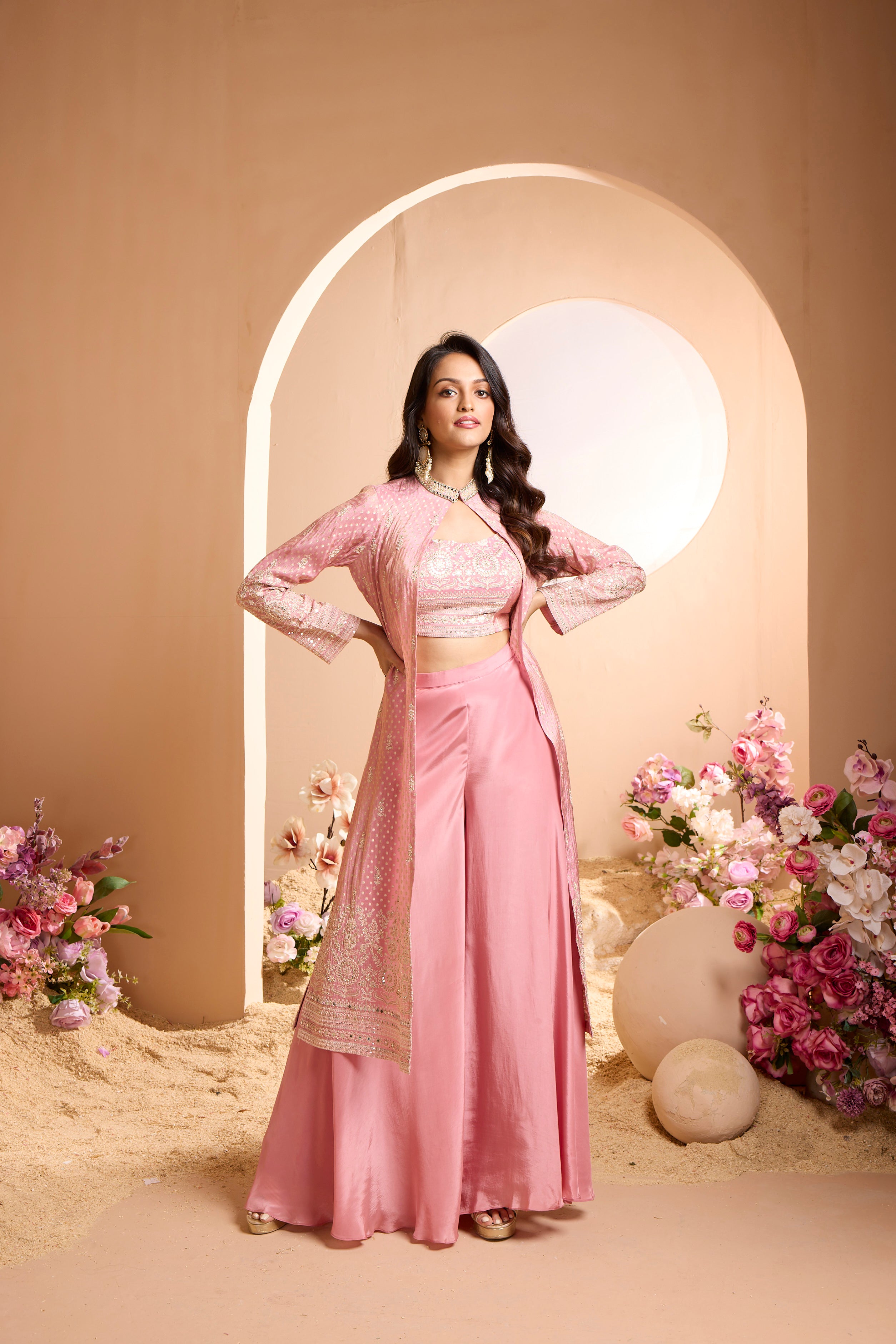 Florence Pink Embellished Italian Silk Cape Set