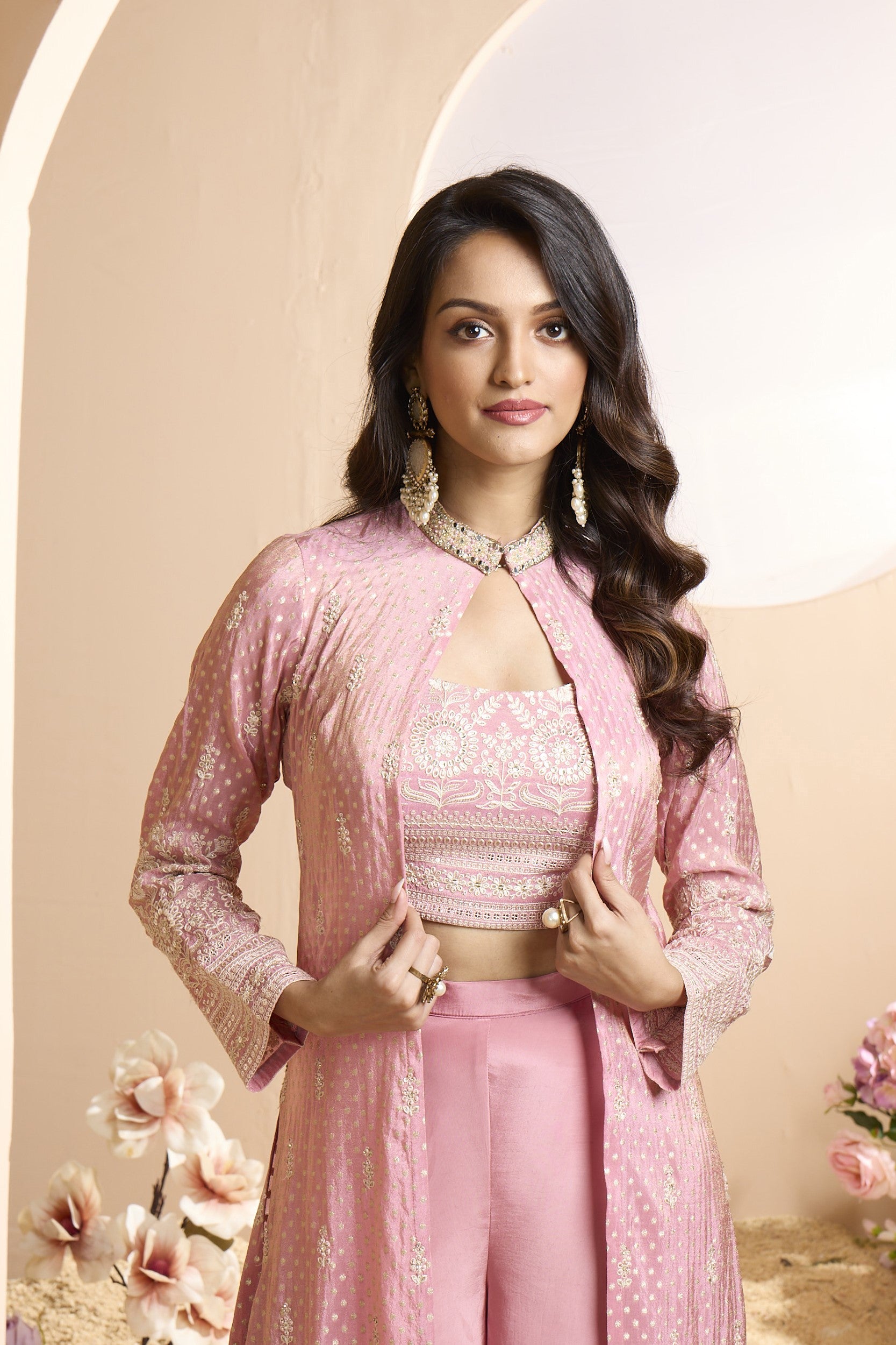 Florence Pink Embellished Italian Silk Cape Set