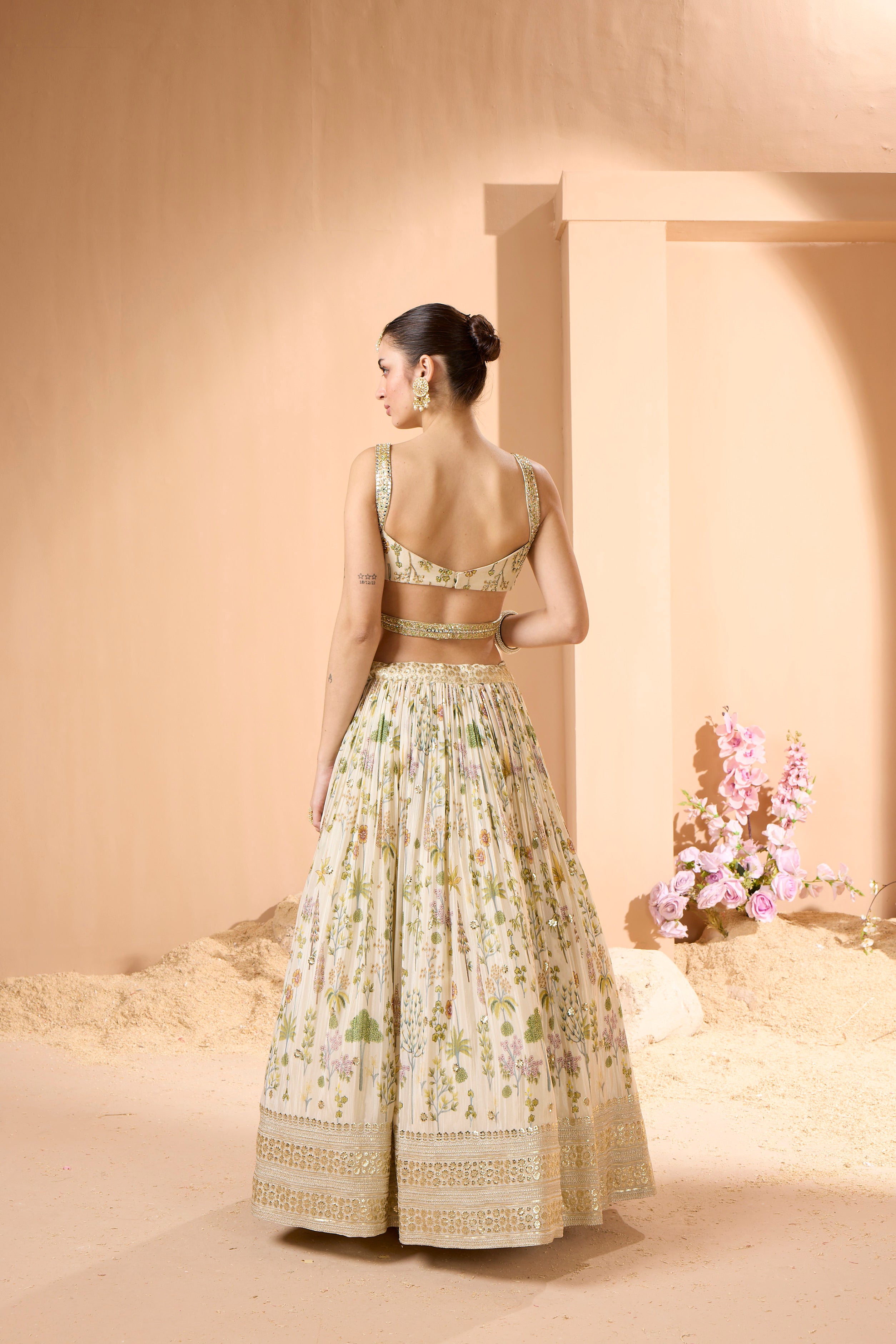 White Amore Floral Printed Georgette Silk Lehenga Set