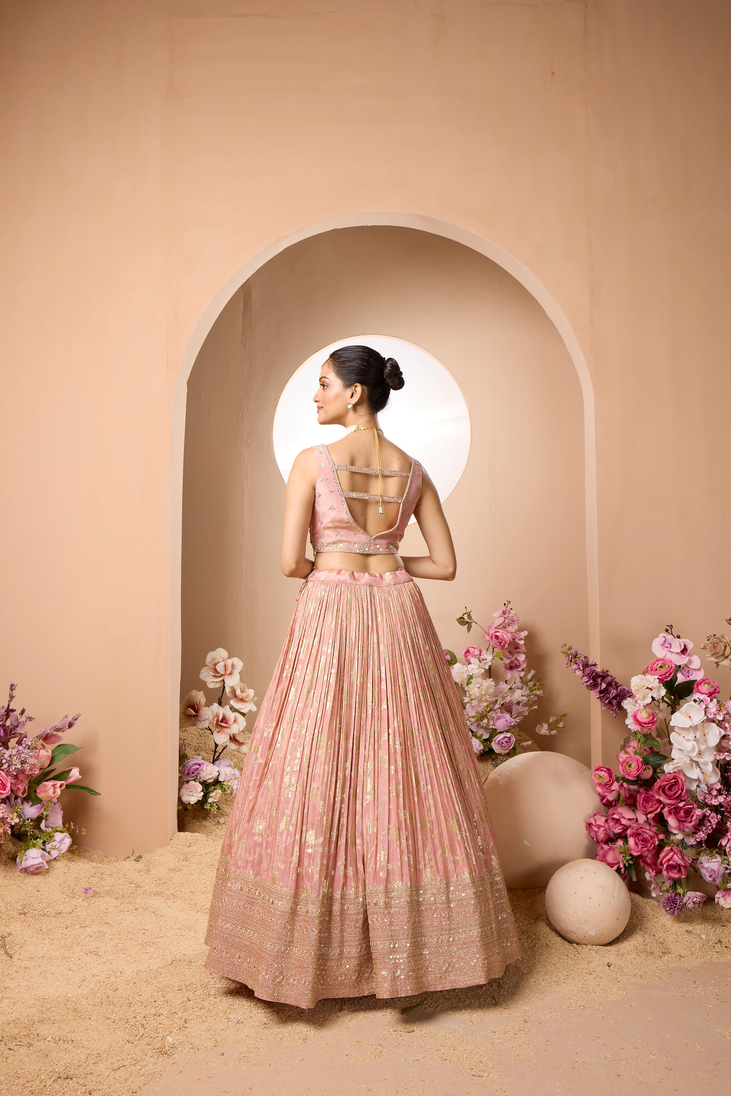 Rose Gold Embellished Georgette Silk Lehenga Set