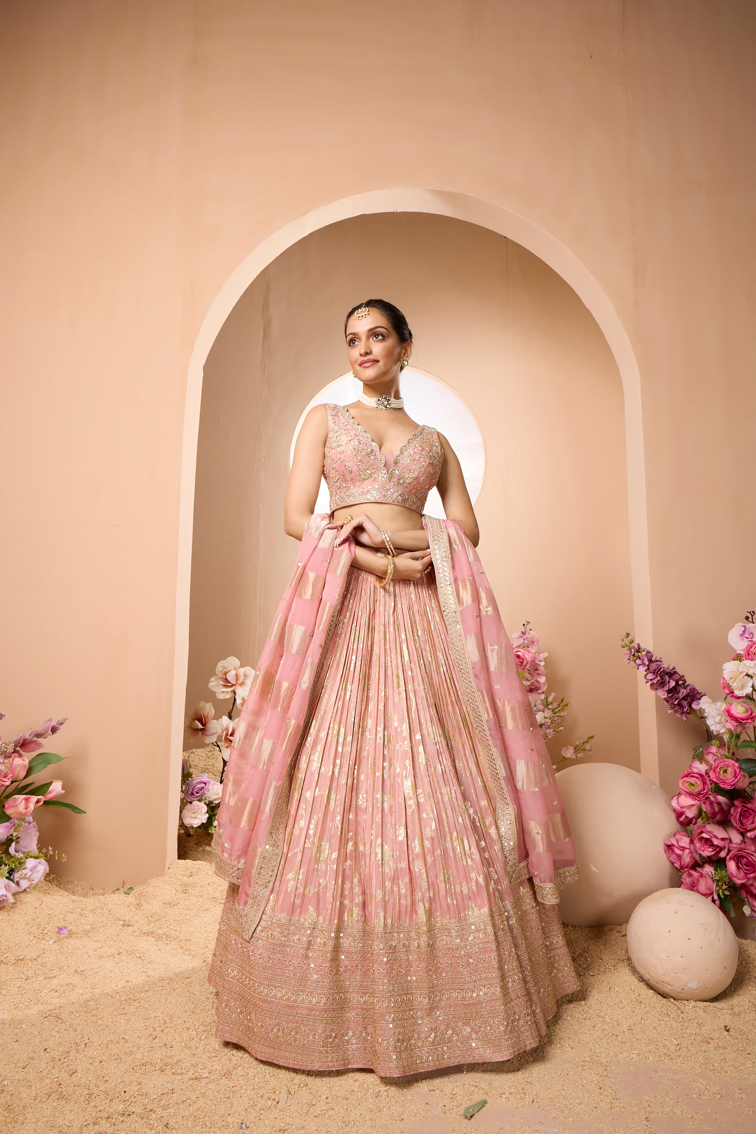 Rose Gold Embellished Georgette Silk Lehenga Set