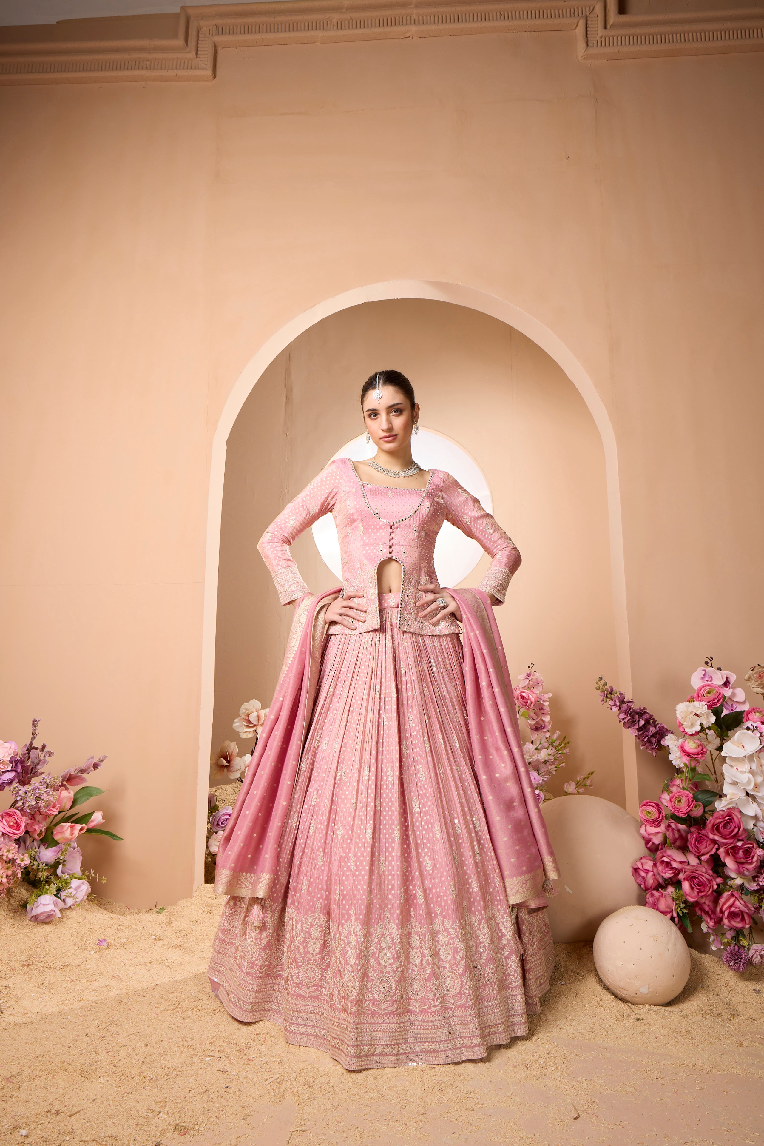 Crystal Pink Embellished Banarasi Silk Lehenga Set