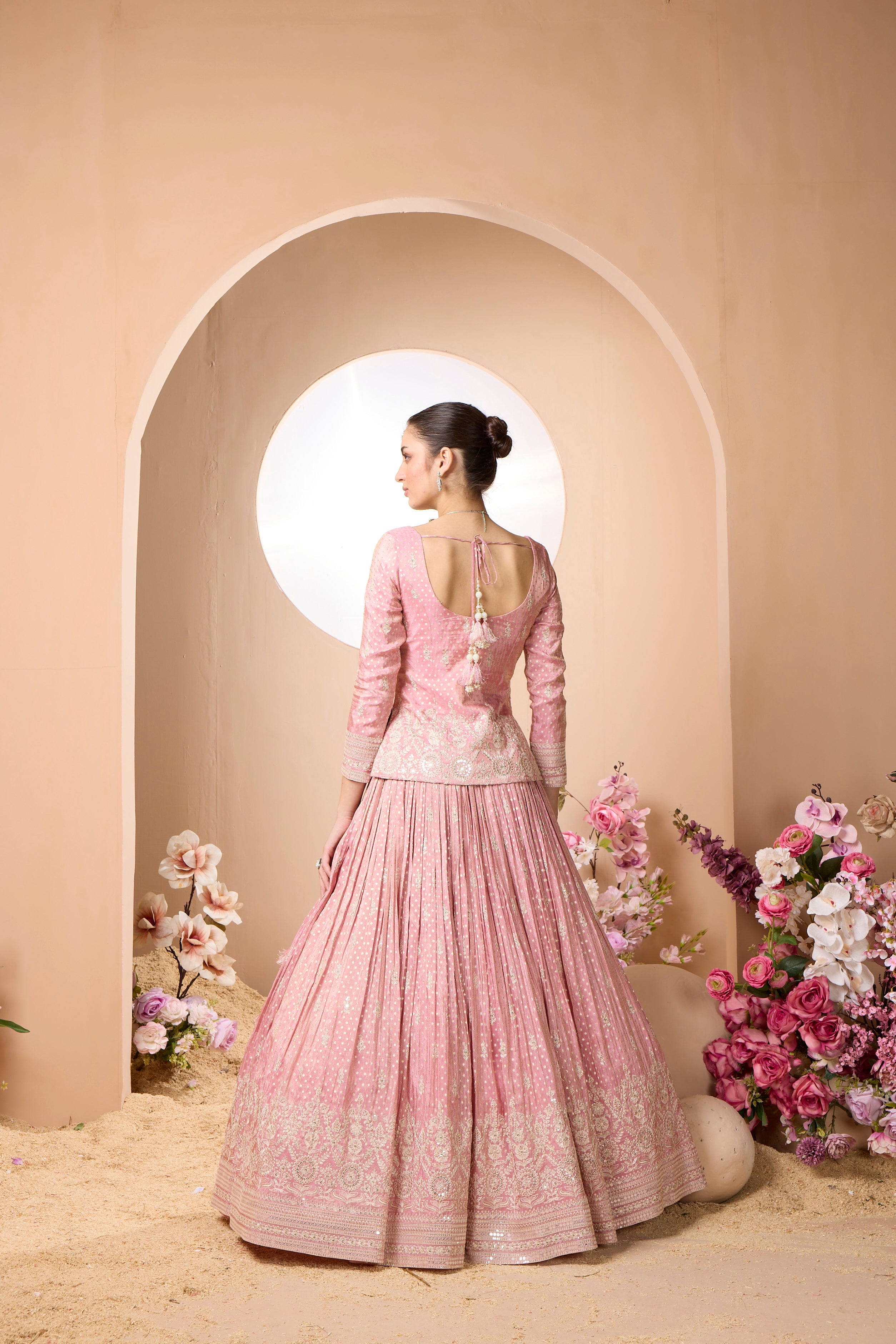 Crystal Pink Embellished Banarasi Silk Lehenga Set