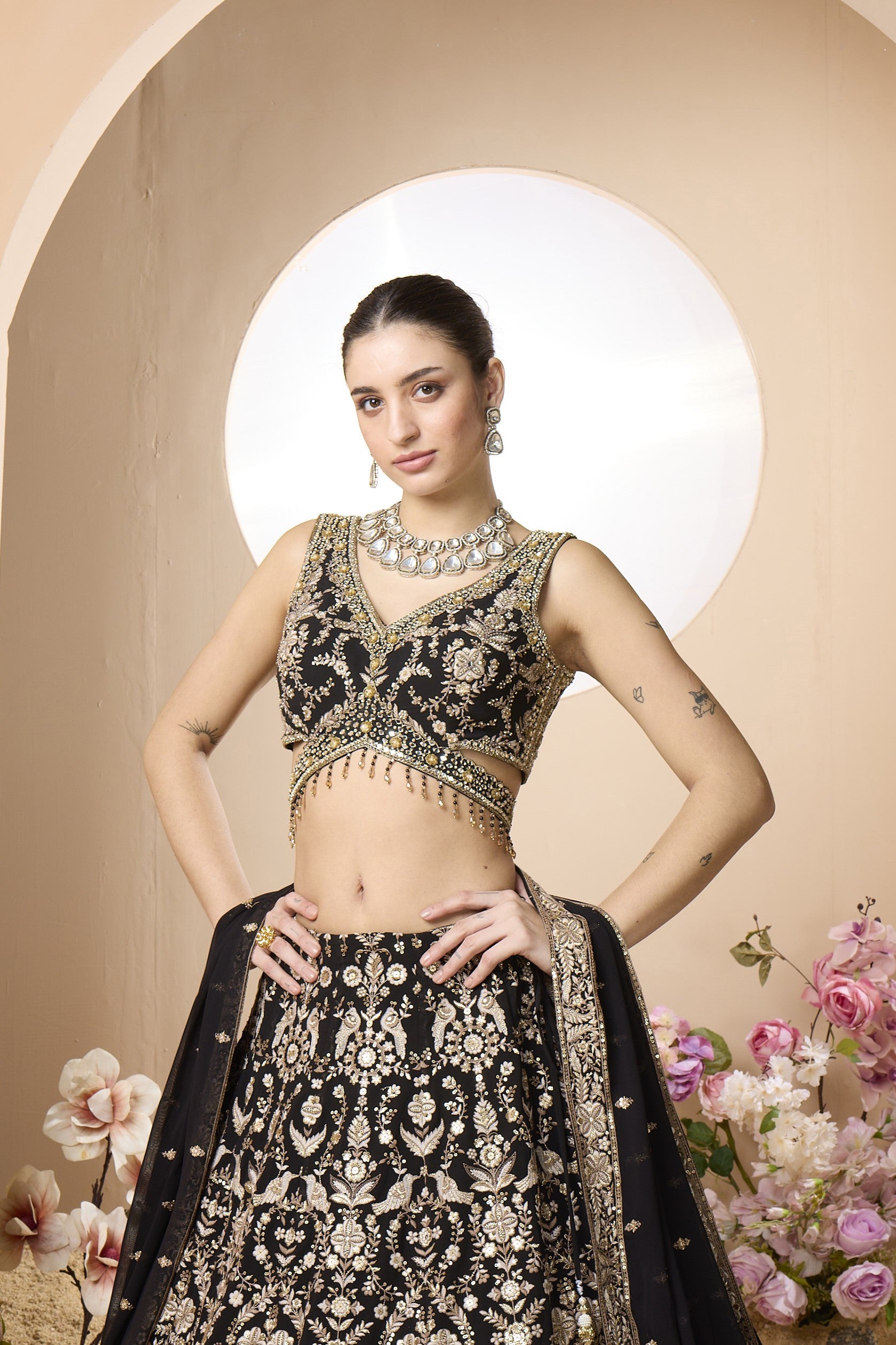 Royal Black Embellished Georgette Silk Lehenga Set