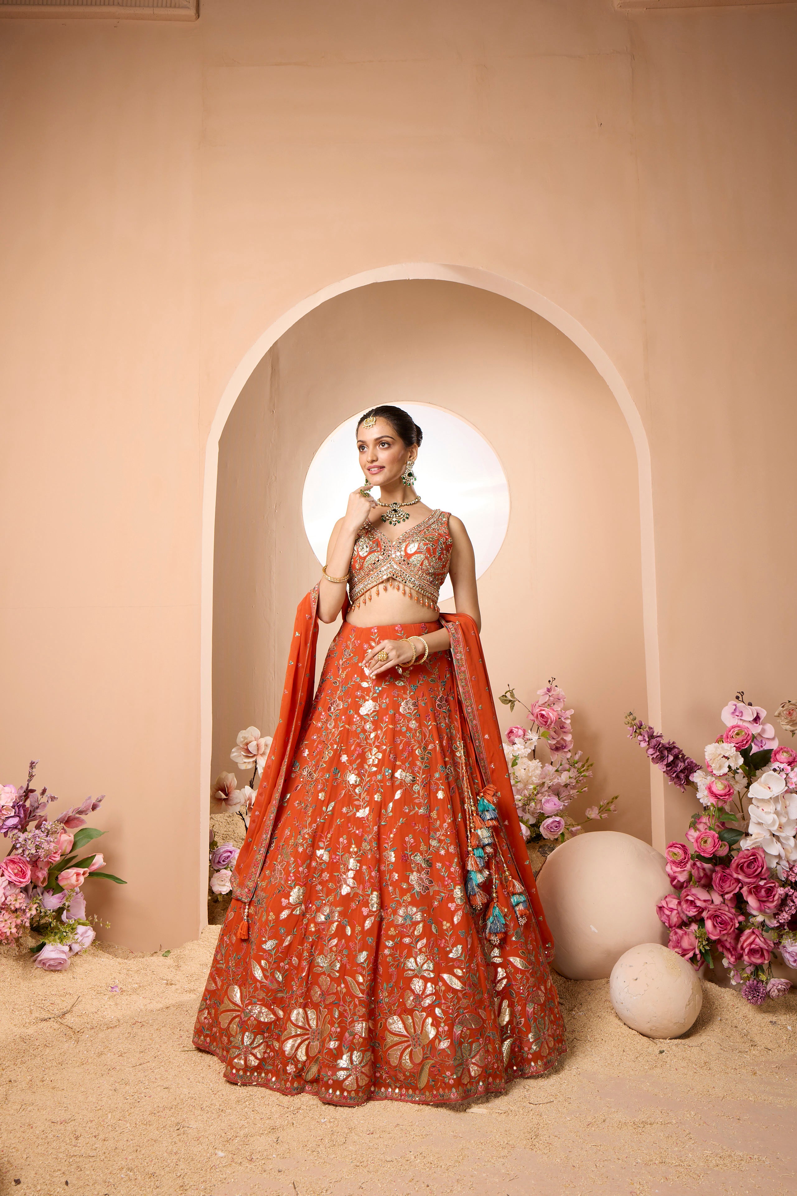 Charming Orange Embellished Georgette Silk Lehenga Set