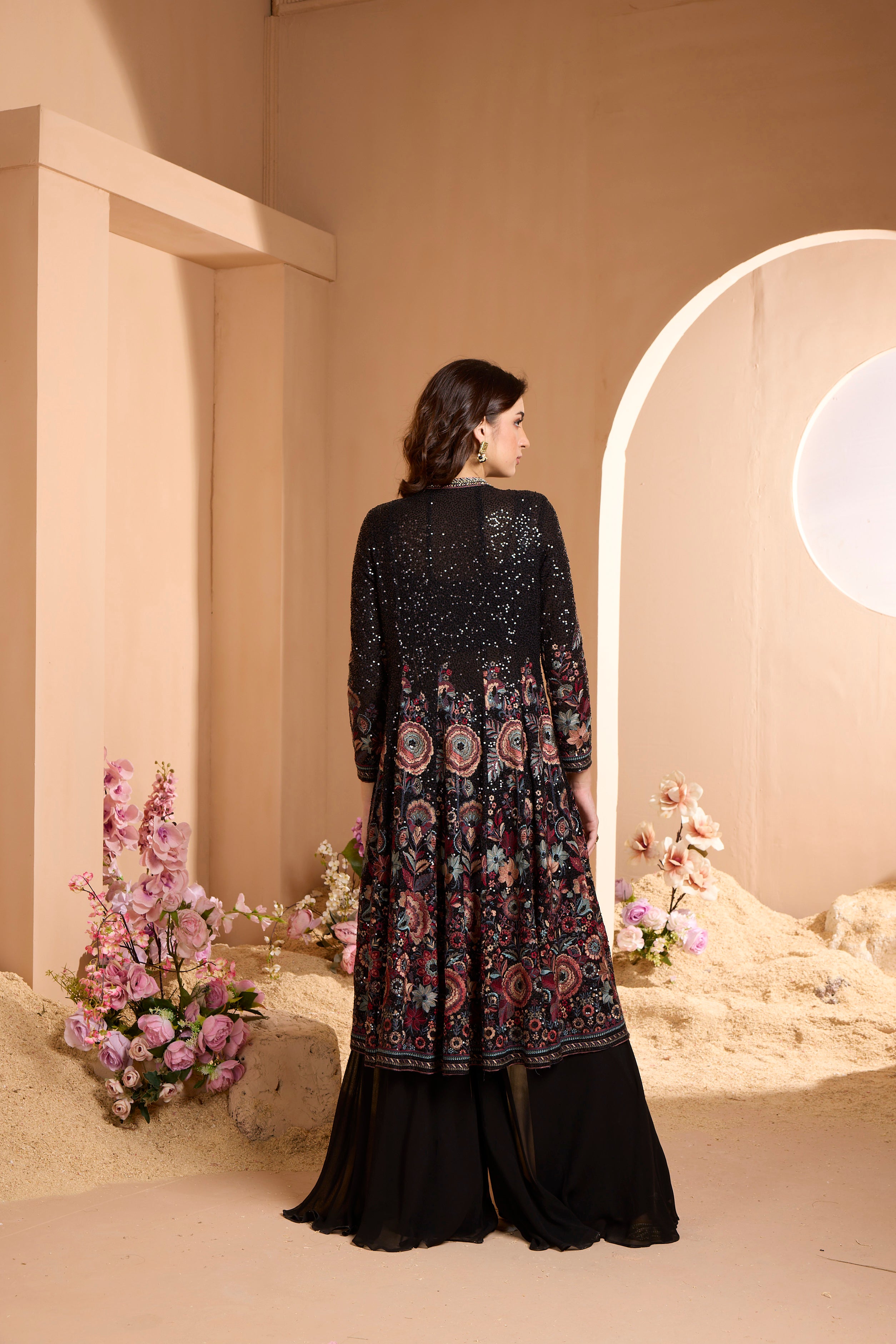 Midnight Black Embroidered Georgette Silk Cape Set