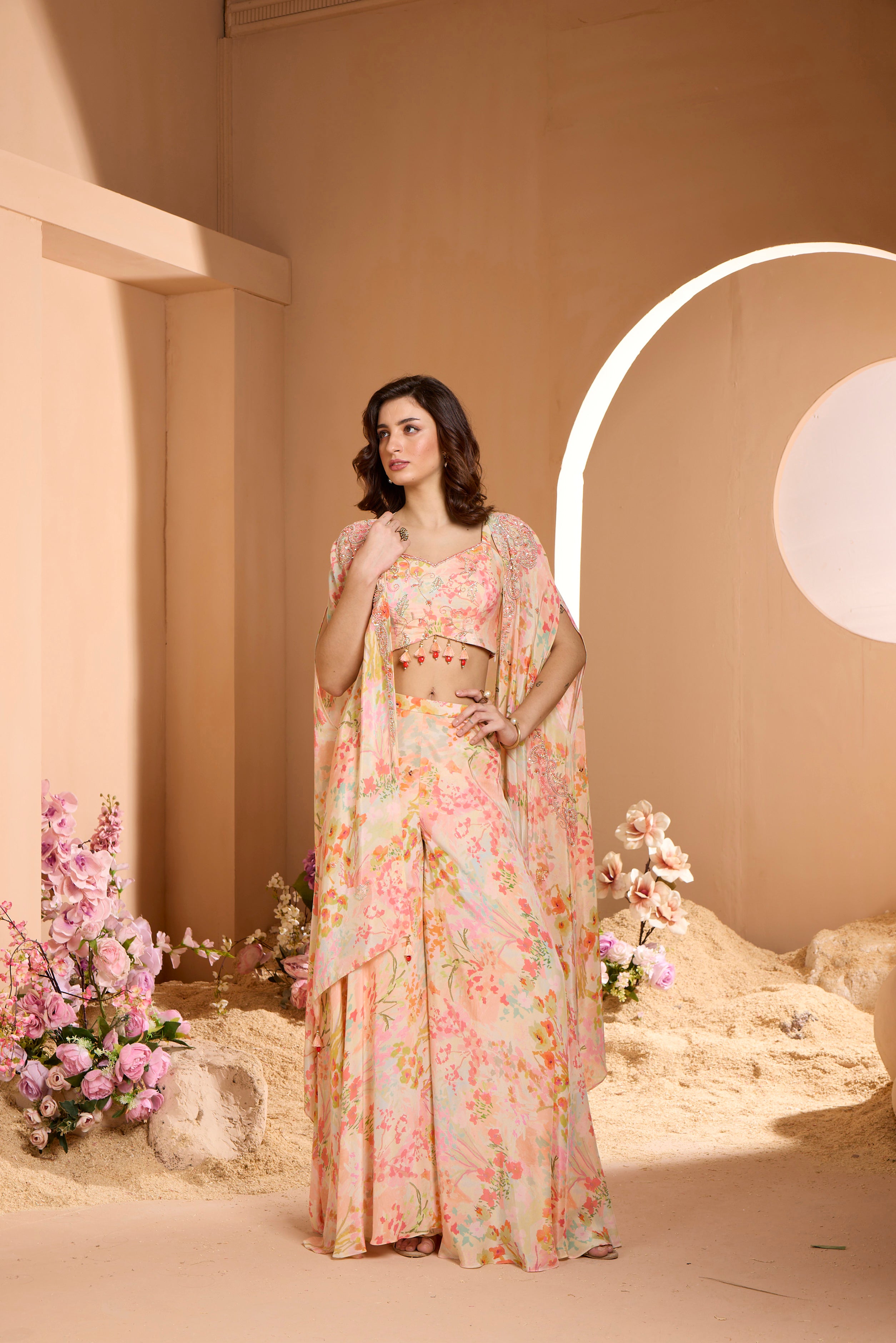 Perfect Peach Floral Printed Italian Silk Cape Set