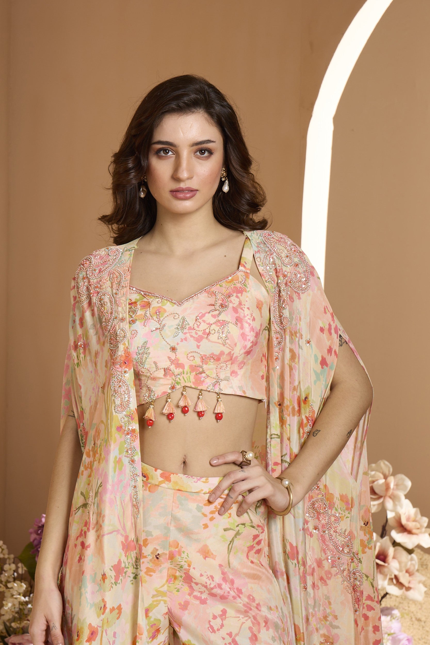 Perfect Peach Floral Printed Italian Silk Cape Set