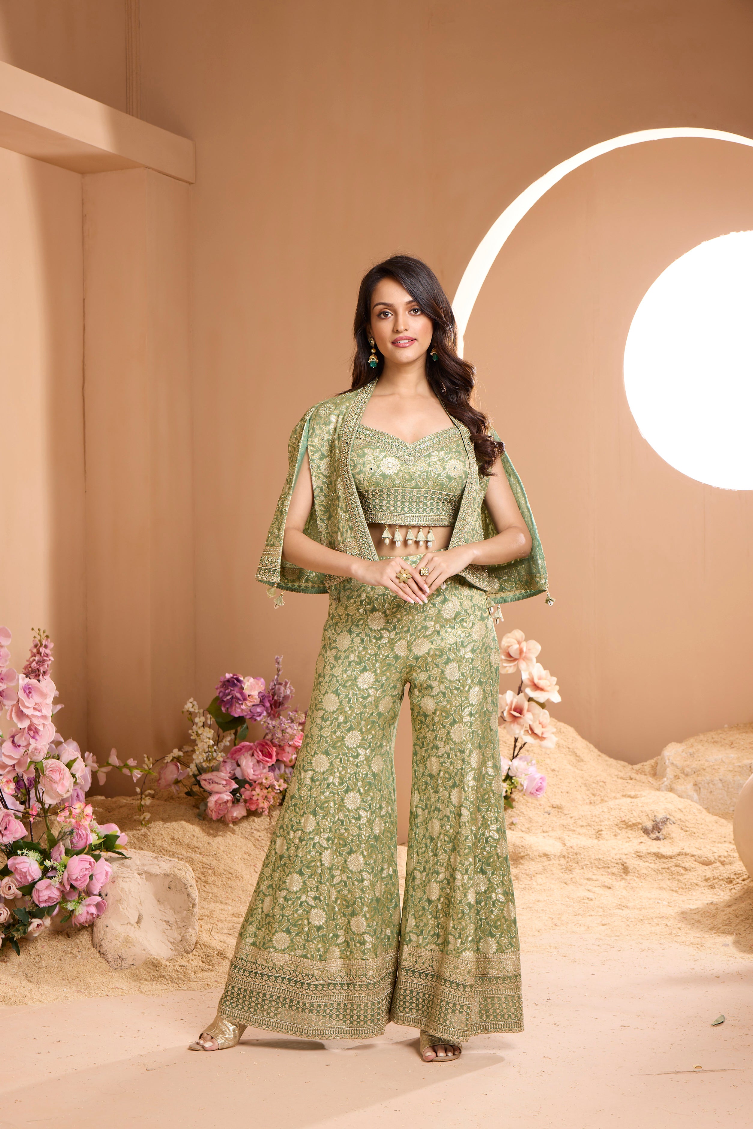 Sage Green Embroidered Crepe Silk Cape Set