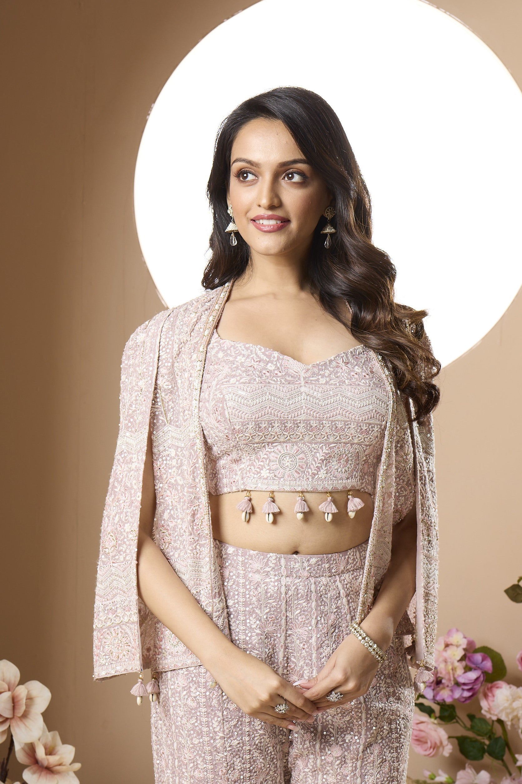 Vogue Pink Embroidered Crepe Silk Cape Set