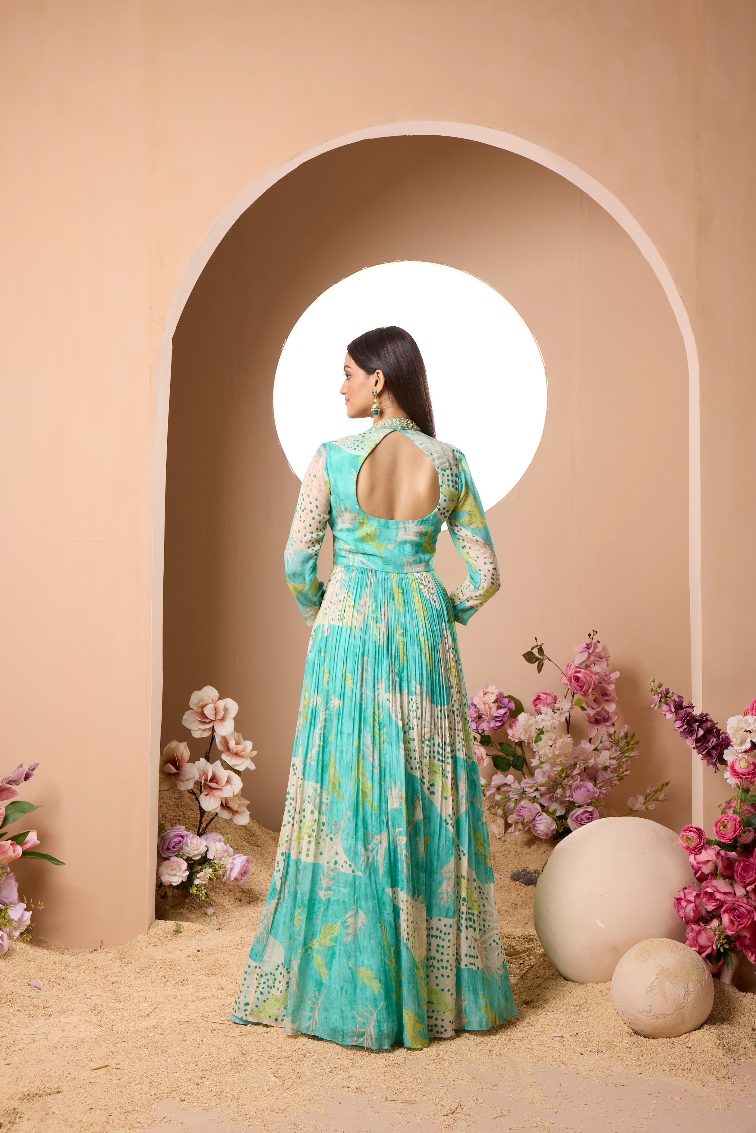 Exotic Teal Floral Printed Italian Silk Anarkali Set