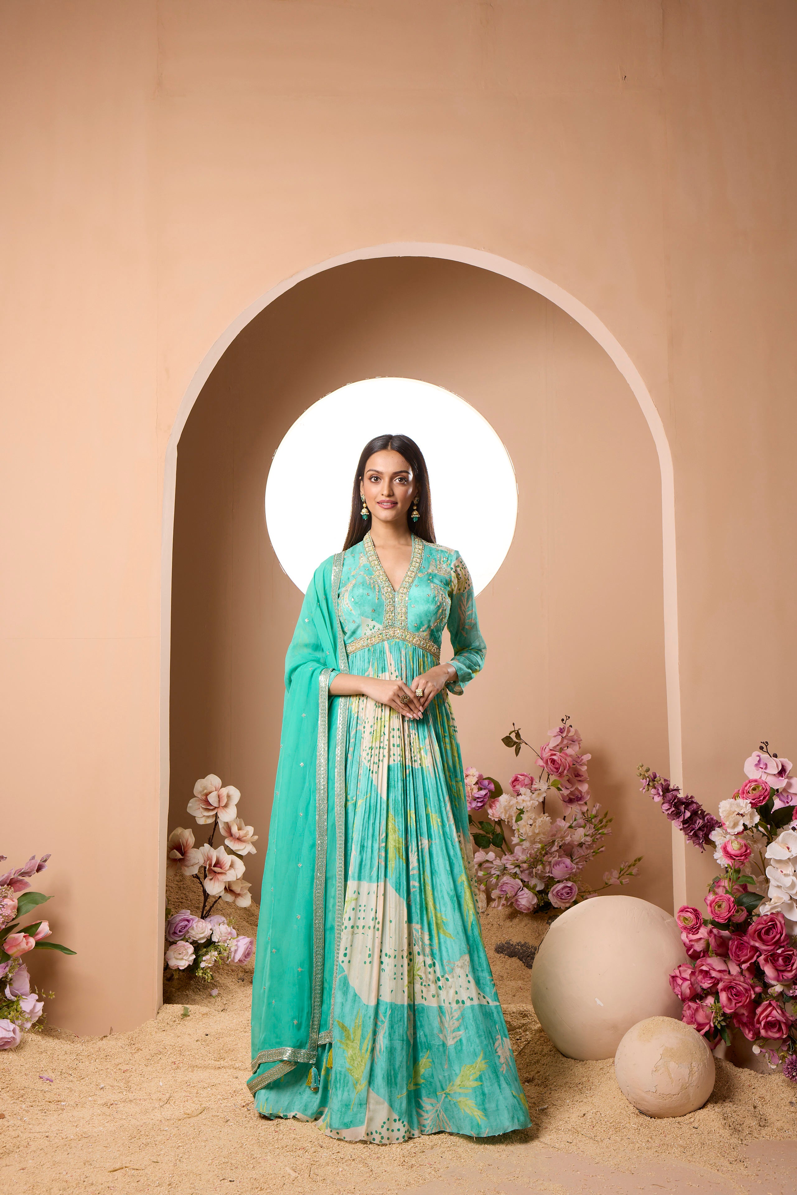 Exotic Teal Floral Printed Italian Silk Anarkali Set