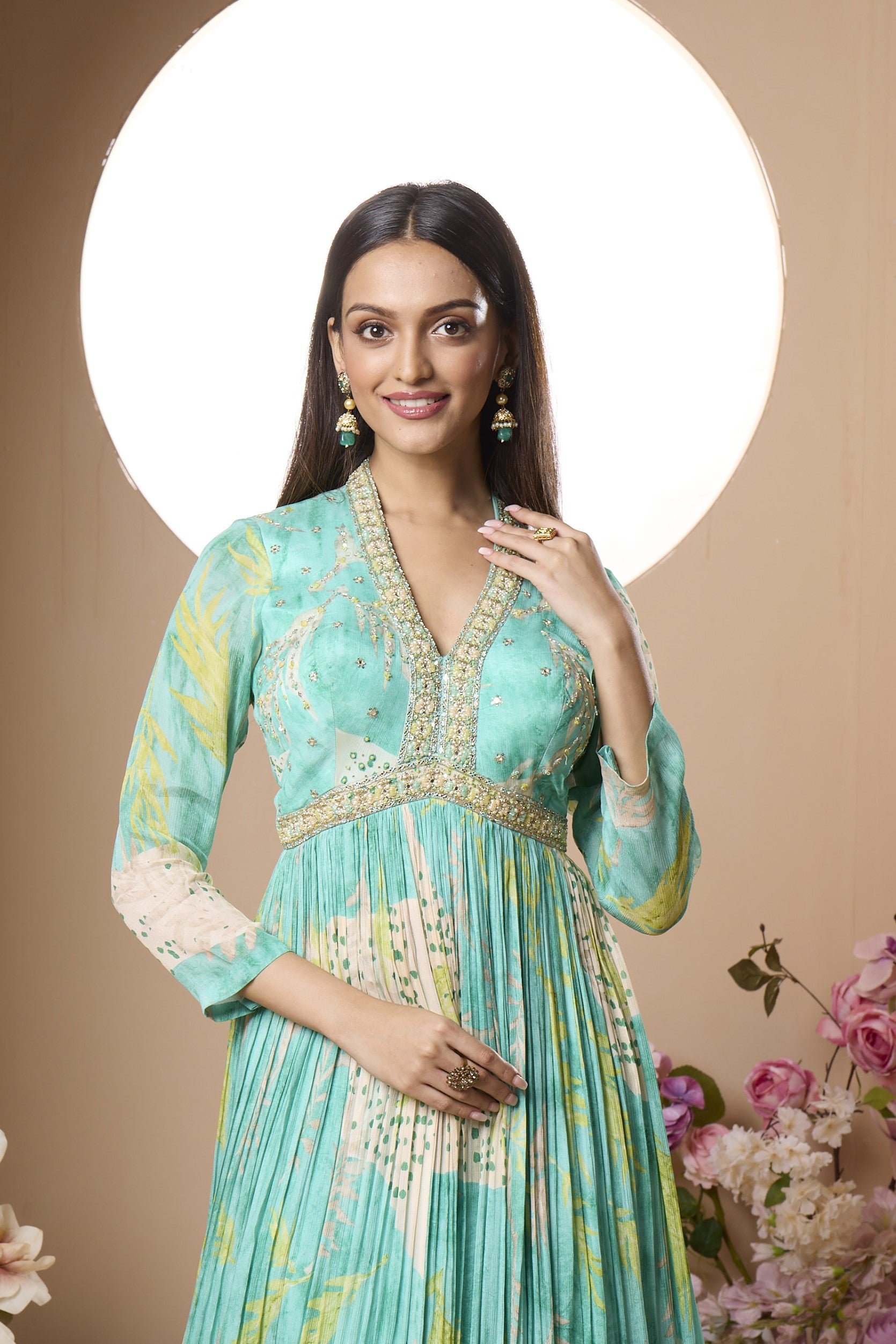 Exotic Teal Floral Printed Italian Silk Anarkali Set