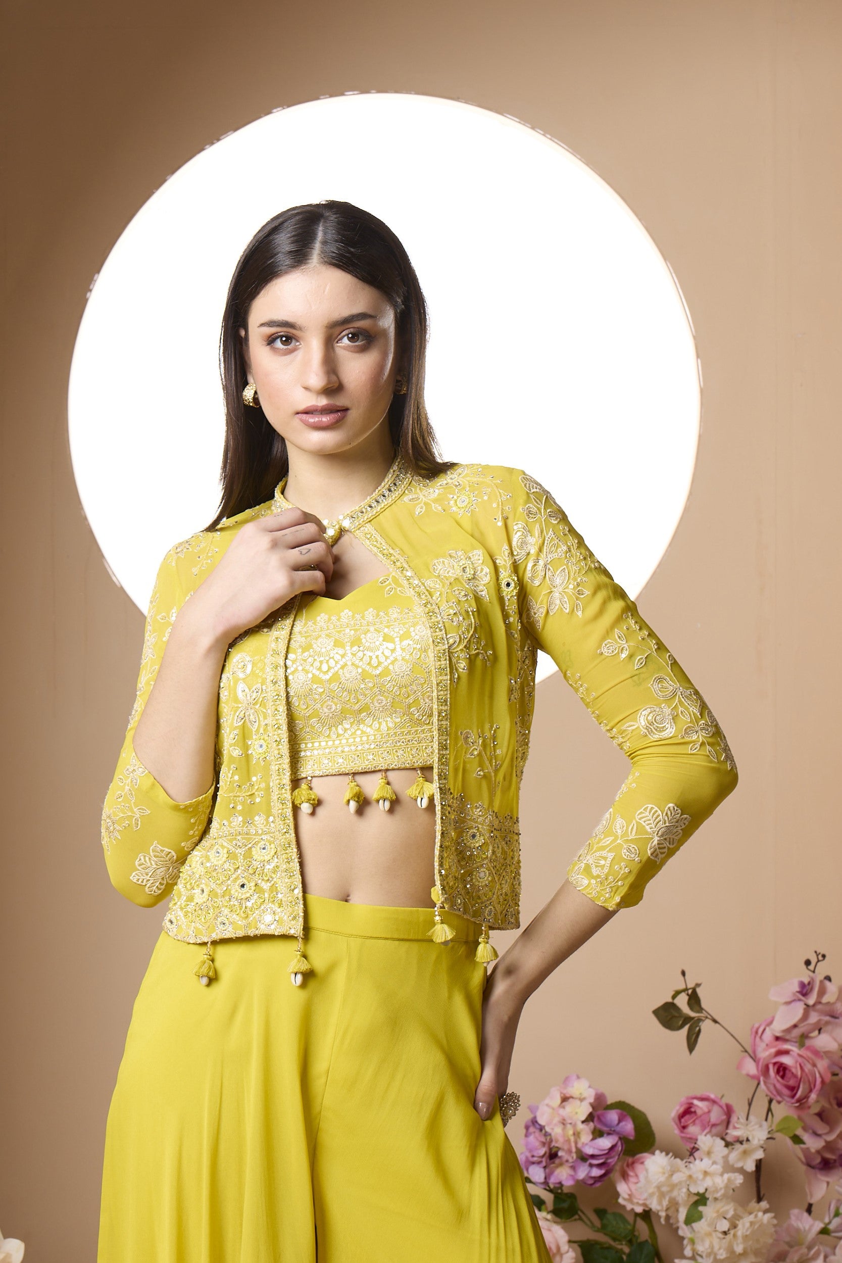 Corn Yellow Embroidered Georgette Silk Cape Set