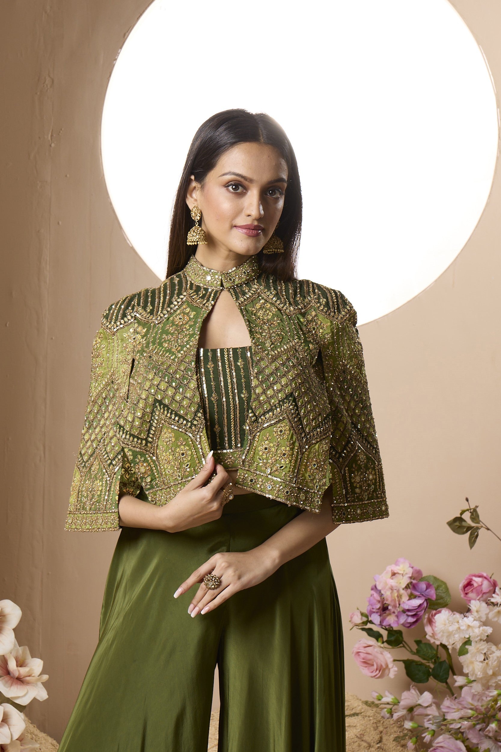 Olive Green Embellished Italian Silk Cape Set