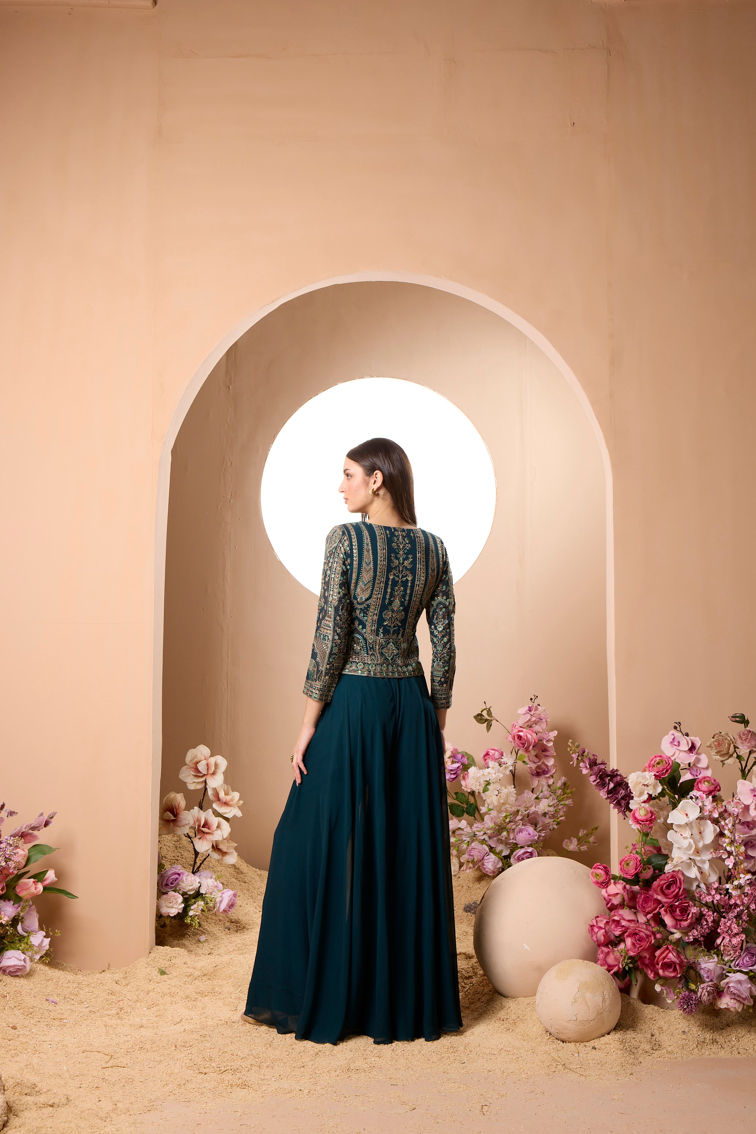 Teal Embroidered Georgette Silk Cape Set