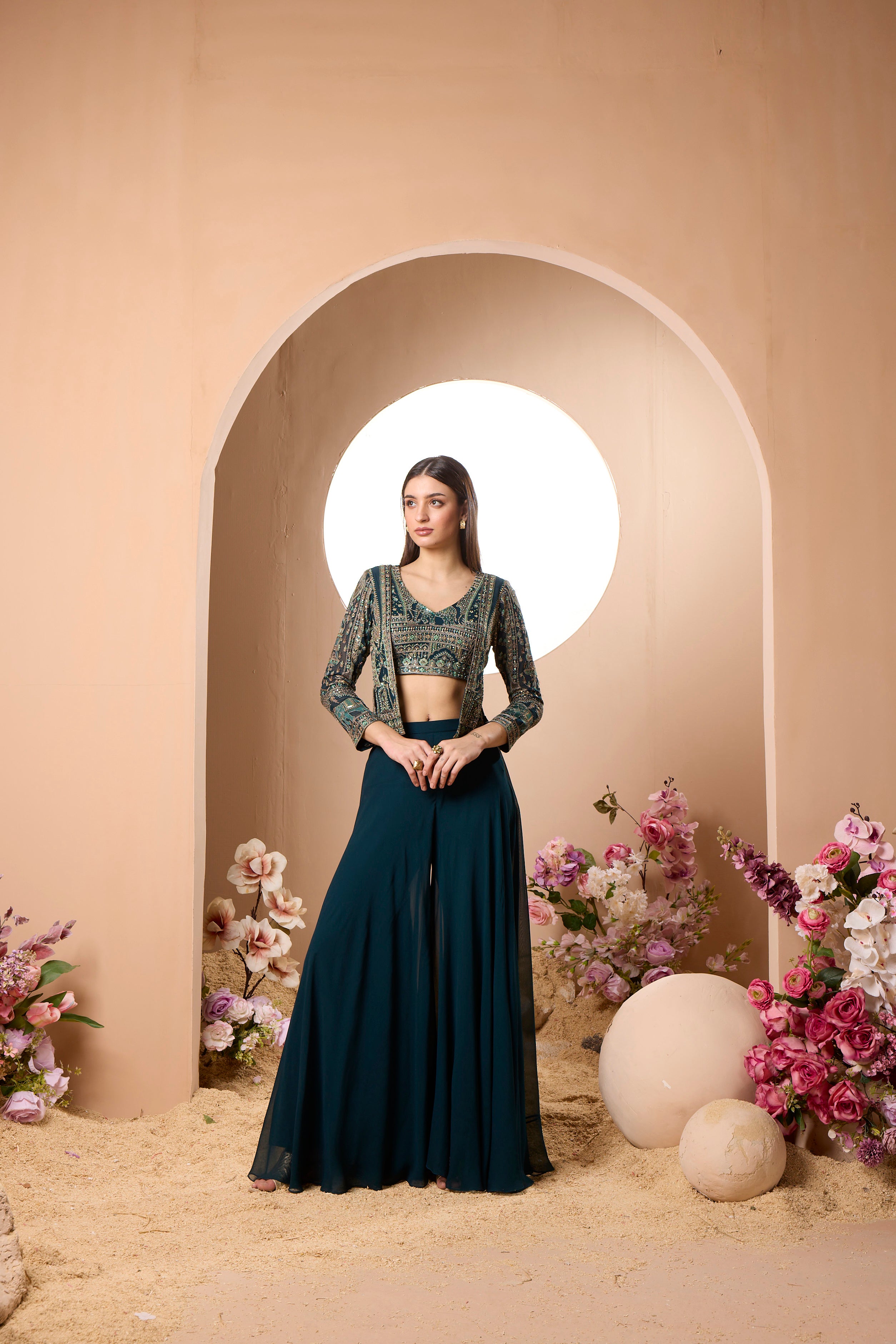 Teal Embroidered Georgette Silk Cape Set