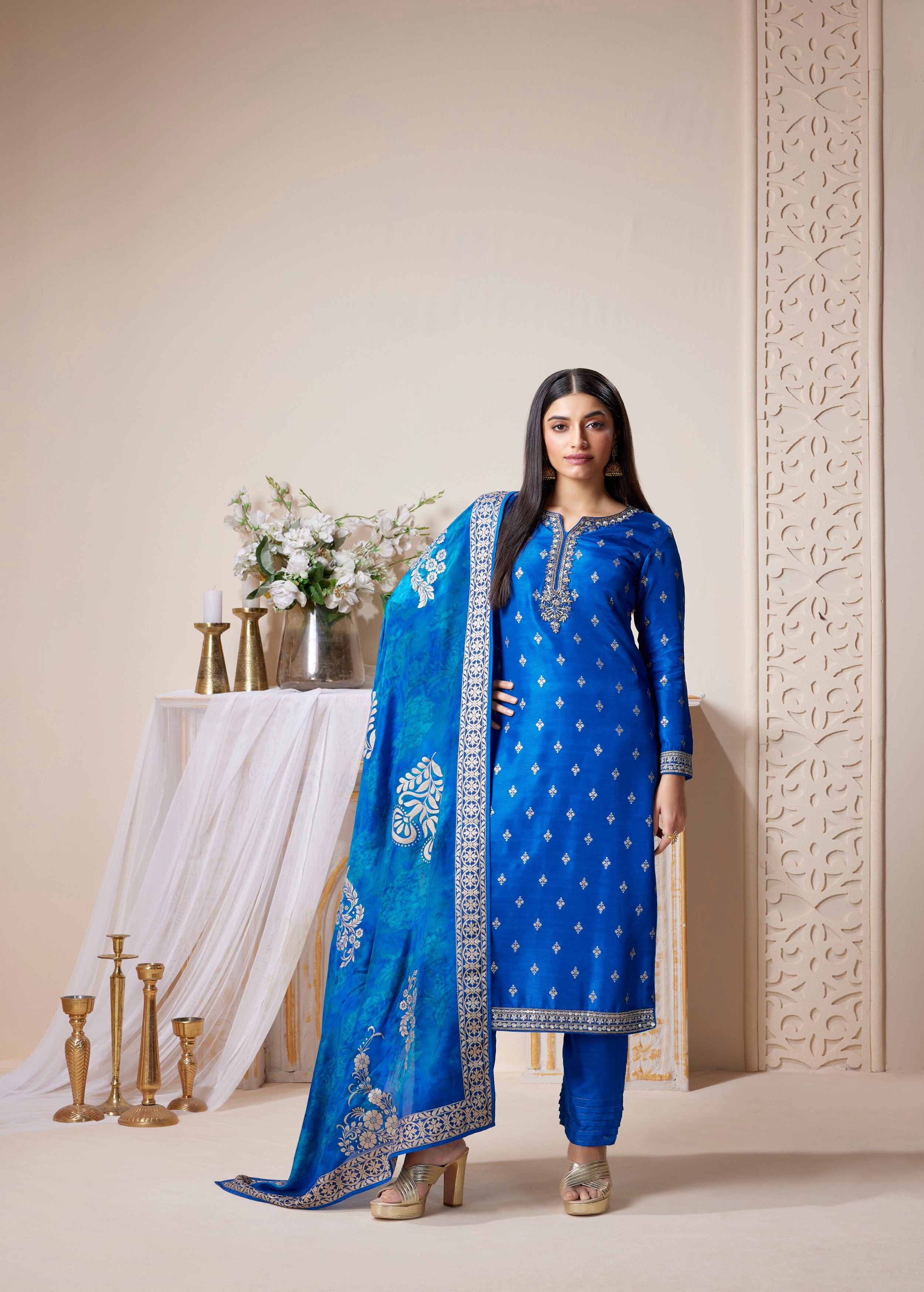 Royal Blue Embellished Premium Silk Pant Set