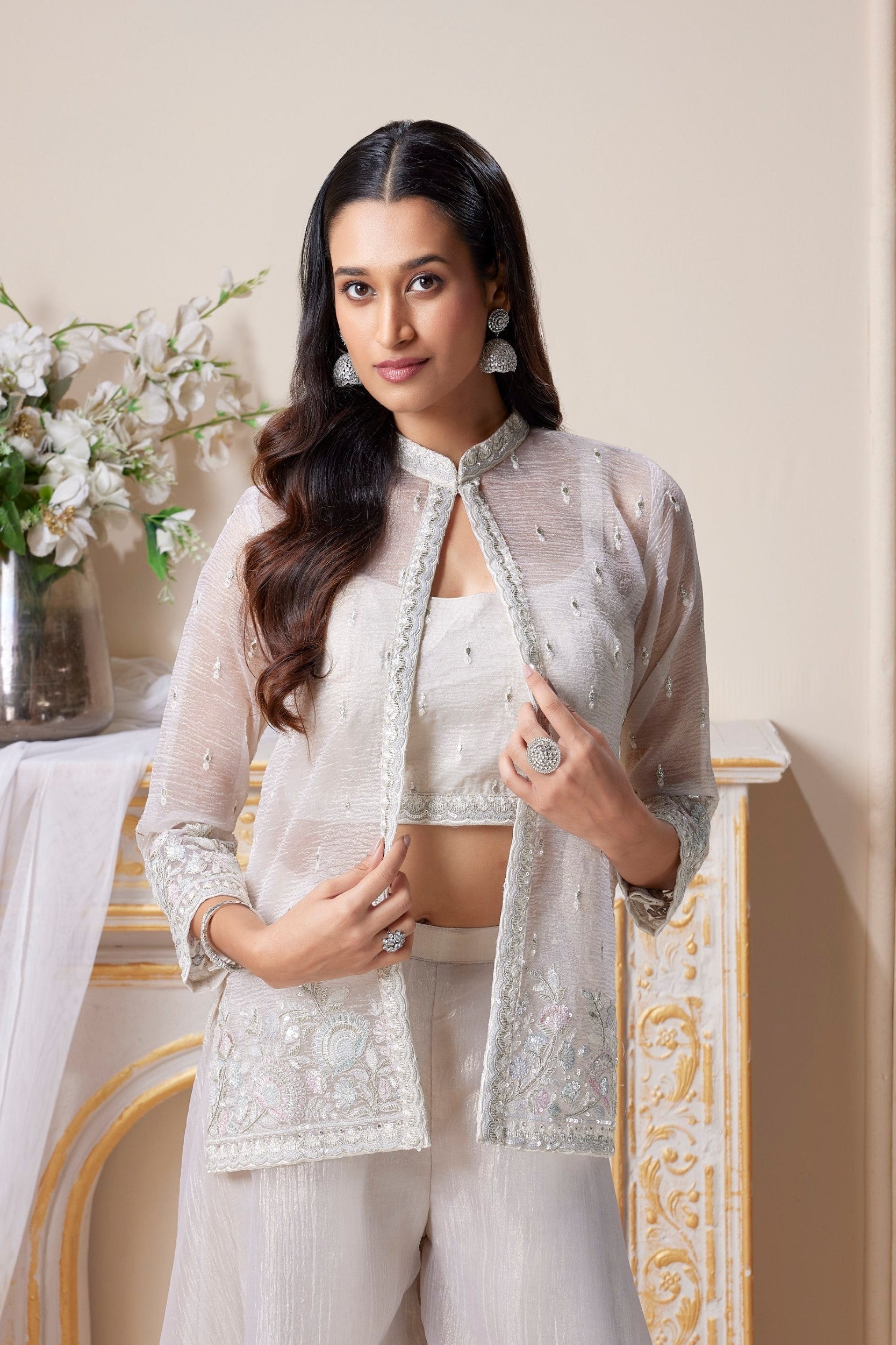 Icy White Embellished Crushed Tissue Silk Palazzo Set