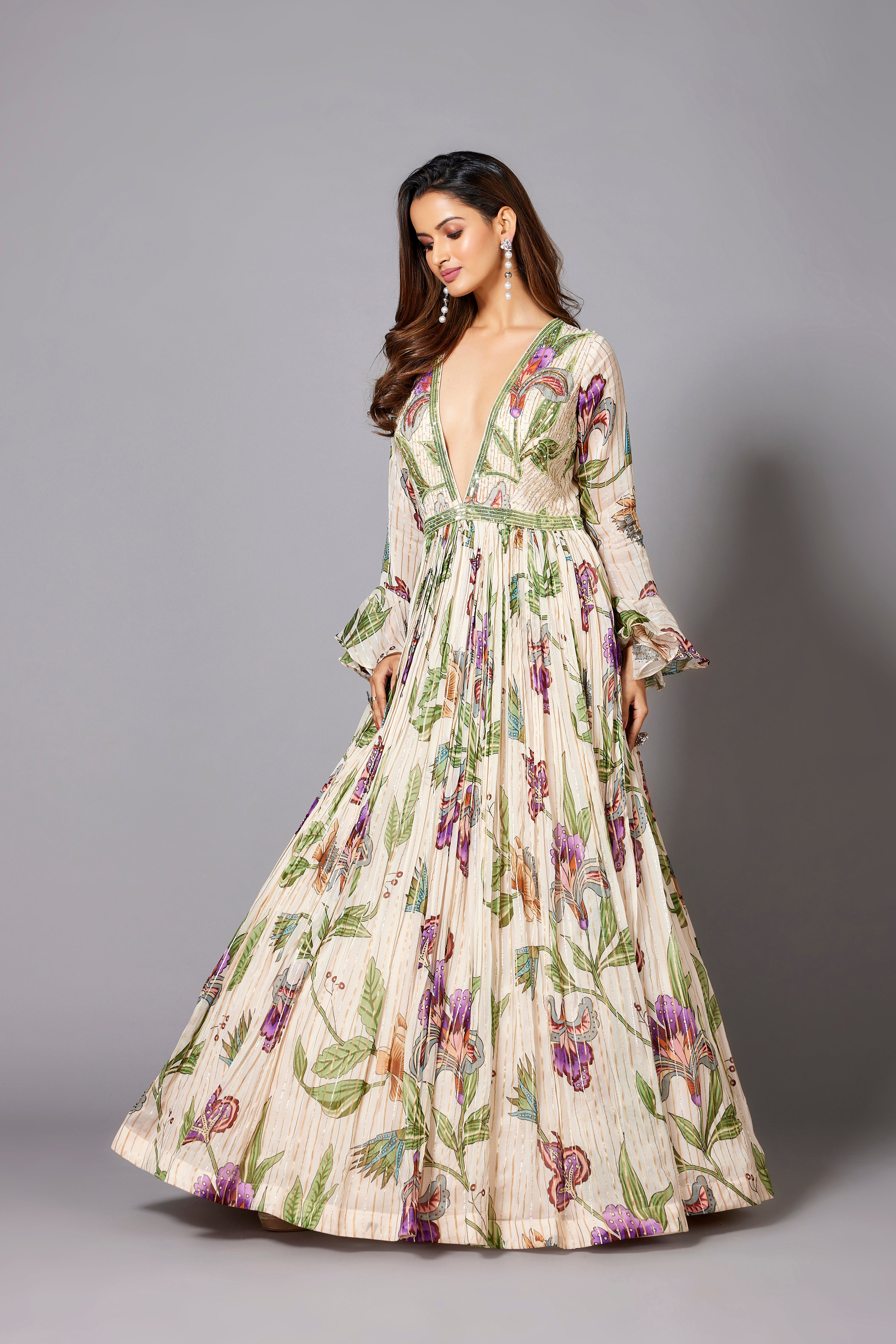 Pastel Cream Floral Printed Spanish Silk Gown