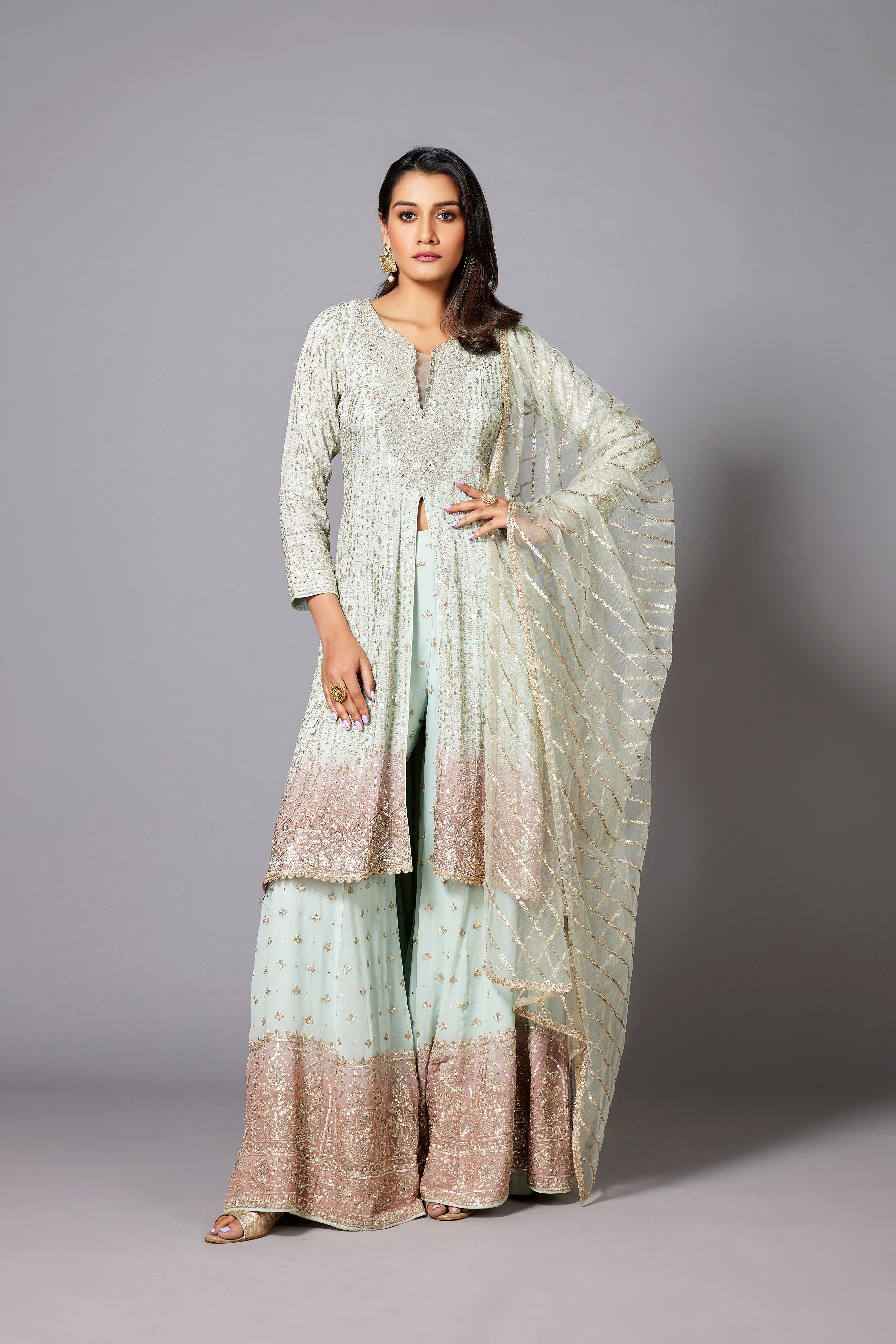 Light Turquoise Ombre-Dyed Premium Georgette Silk Palazzo Set