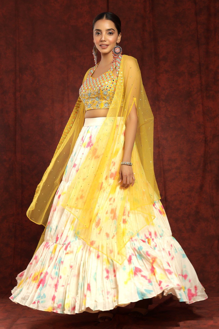 Pink and Yellow Embroidered Semi stitched Lehenga and Unstitched Blouse  With Dupatta - ShopGarb - 3762860