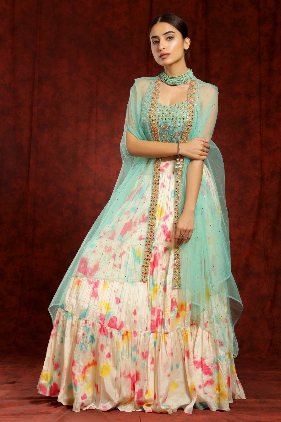 Amazing Pista Green And Cream Embroidery Lace Work Net Lehenga Choli.  Wedding Designer A Line Lehenga Choli In Oman.