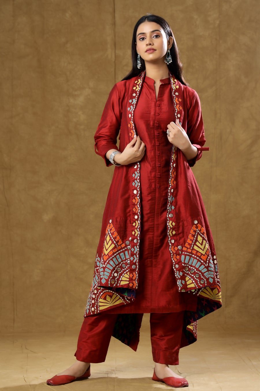 Sap Green Cotton Tiered Dress Kurta With Multicolour Printed Jacket And  Gota Patti at Soch